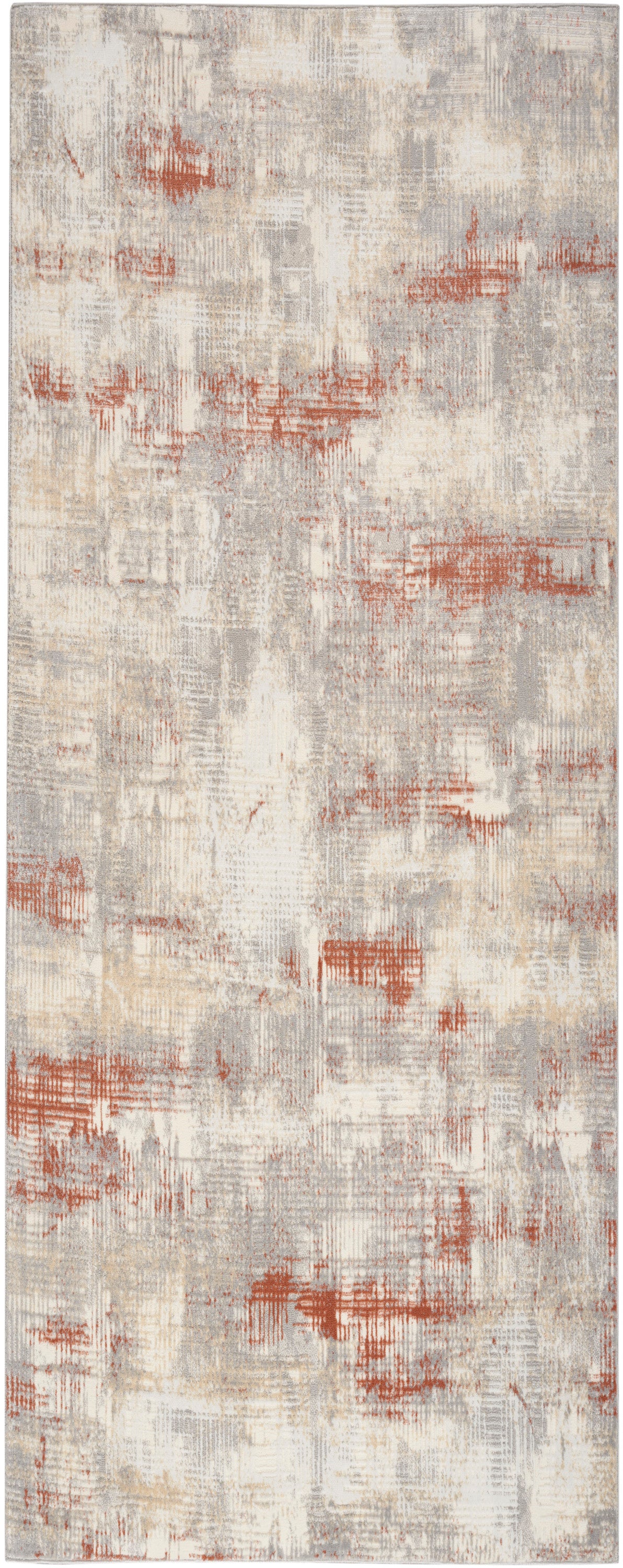 Abstract patterned runner rug in beige, gray and rust red tones; modern, soft pile.