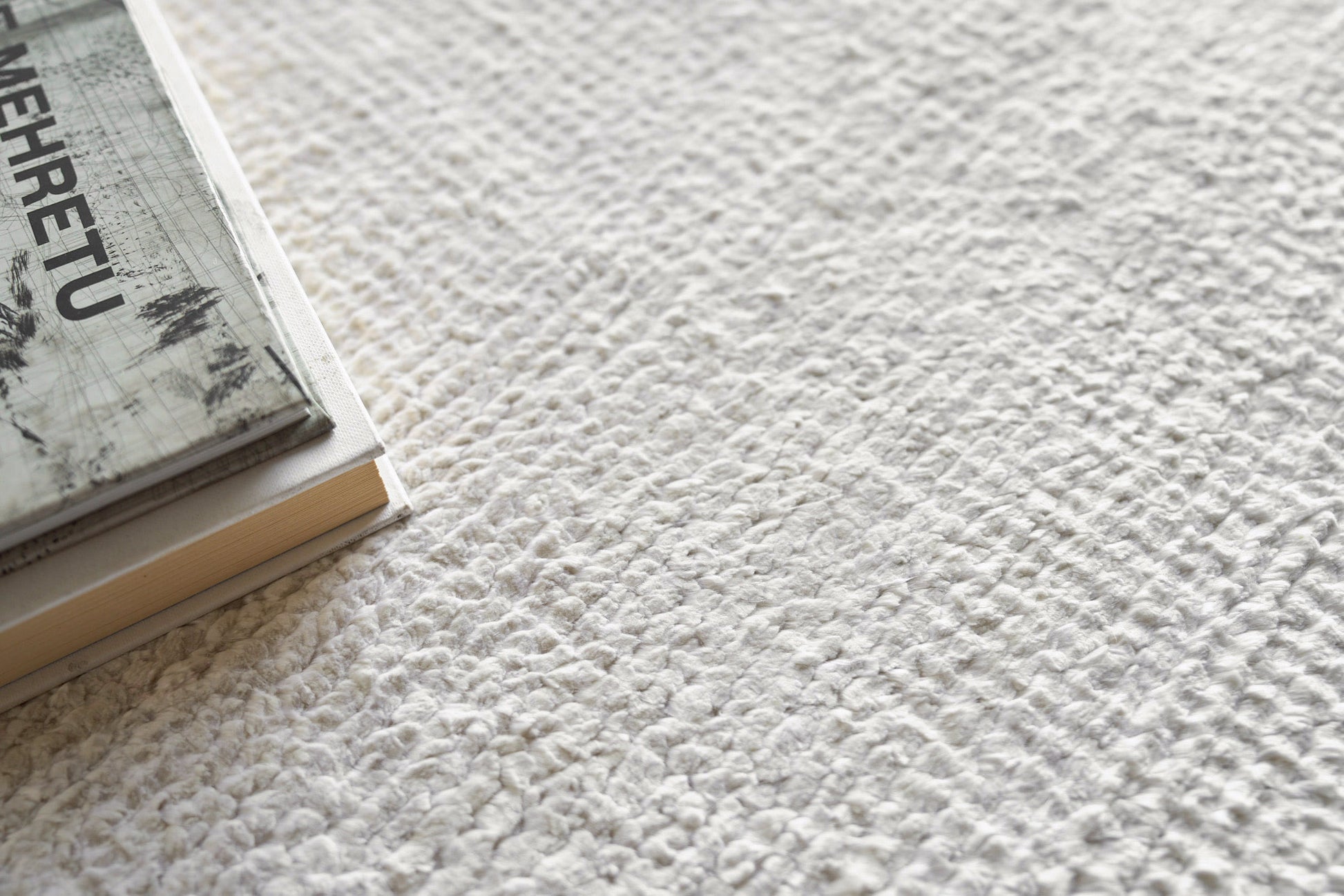 Plush indoor hand-knotted rug in pale neutral tones on a light textured surface.