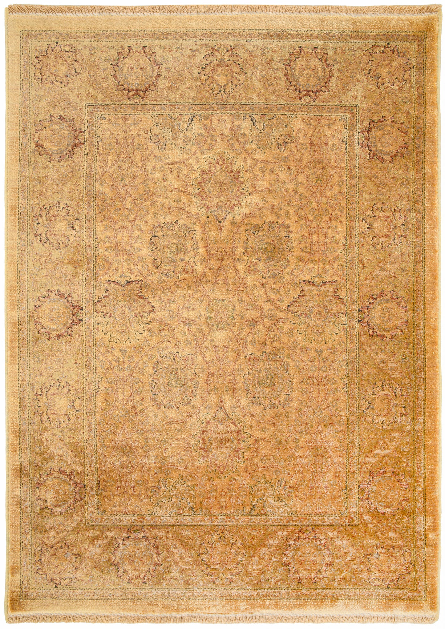 Antique-style gold and beige oriental rug with central floral medallion, ornate border and fringed edges.