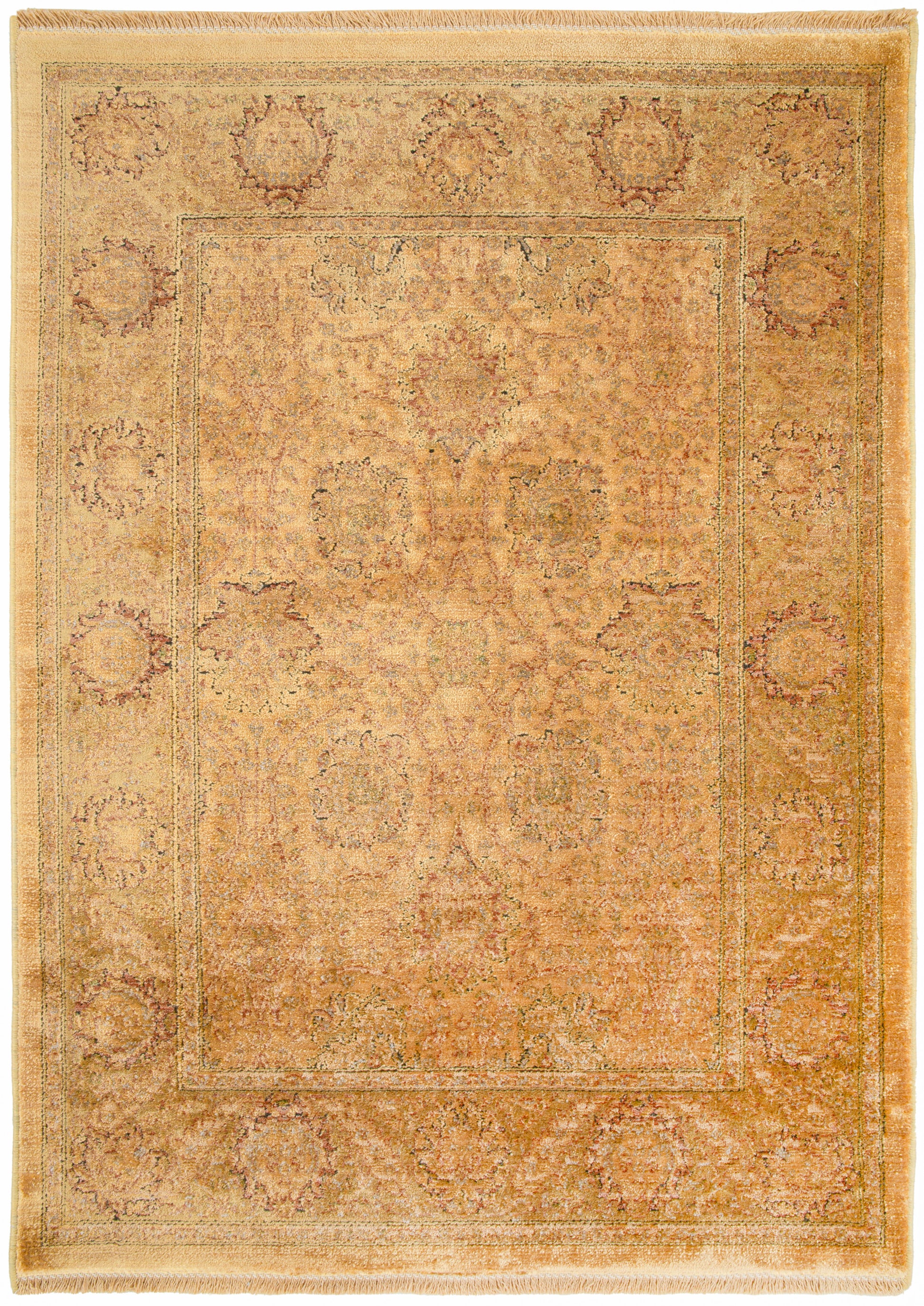 Antique-style gold and beige oriental rug with central floral medallion, ornate border and fringed edges.