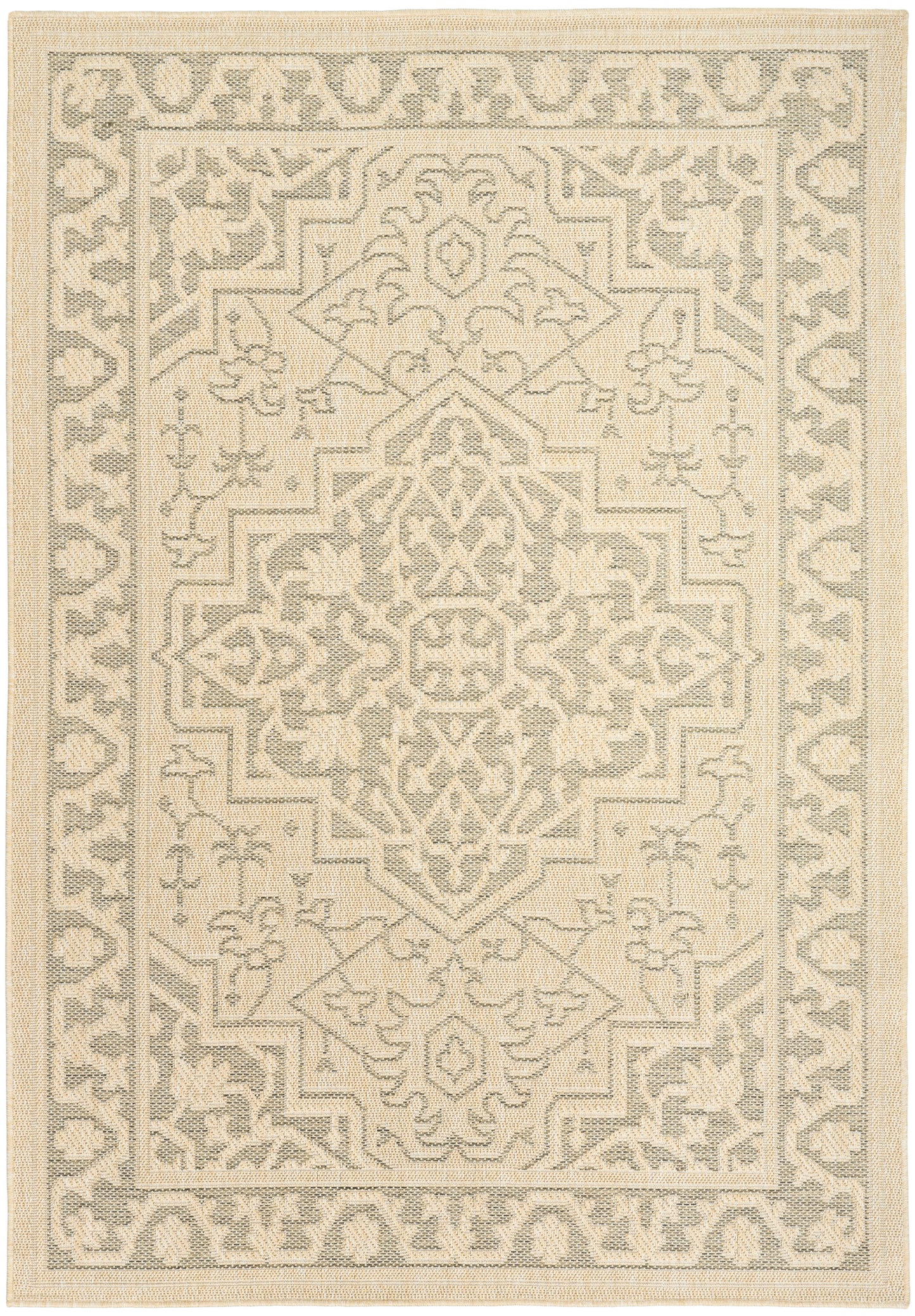 Rectangular beige-gray oriental rug with intricate central medallion, floral motifs and decorative border; neutral woven texture.