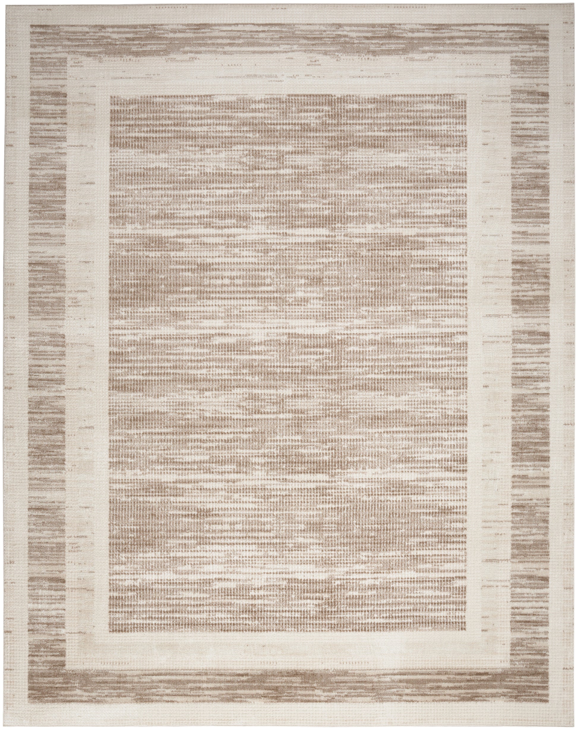 Neutral beige and taupe flat-weave rectangular rug with wide inner and outer borders, textured center.