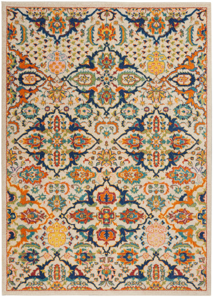Rectangular woven oriental rug with cream base and vibrant floral medallions in teal, orange, blue, yellow, pink.
