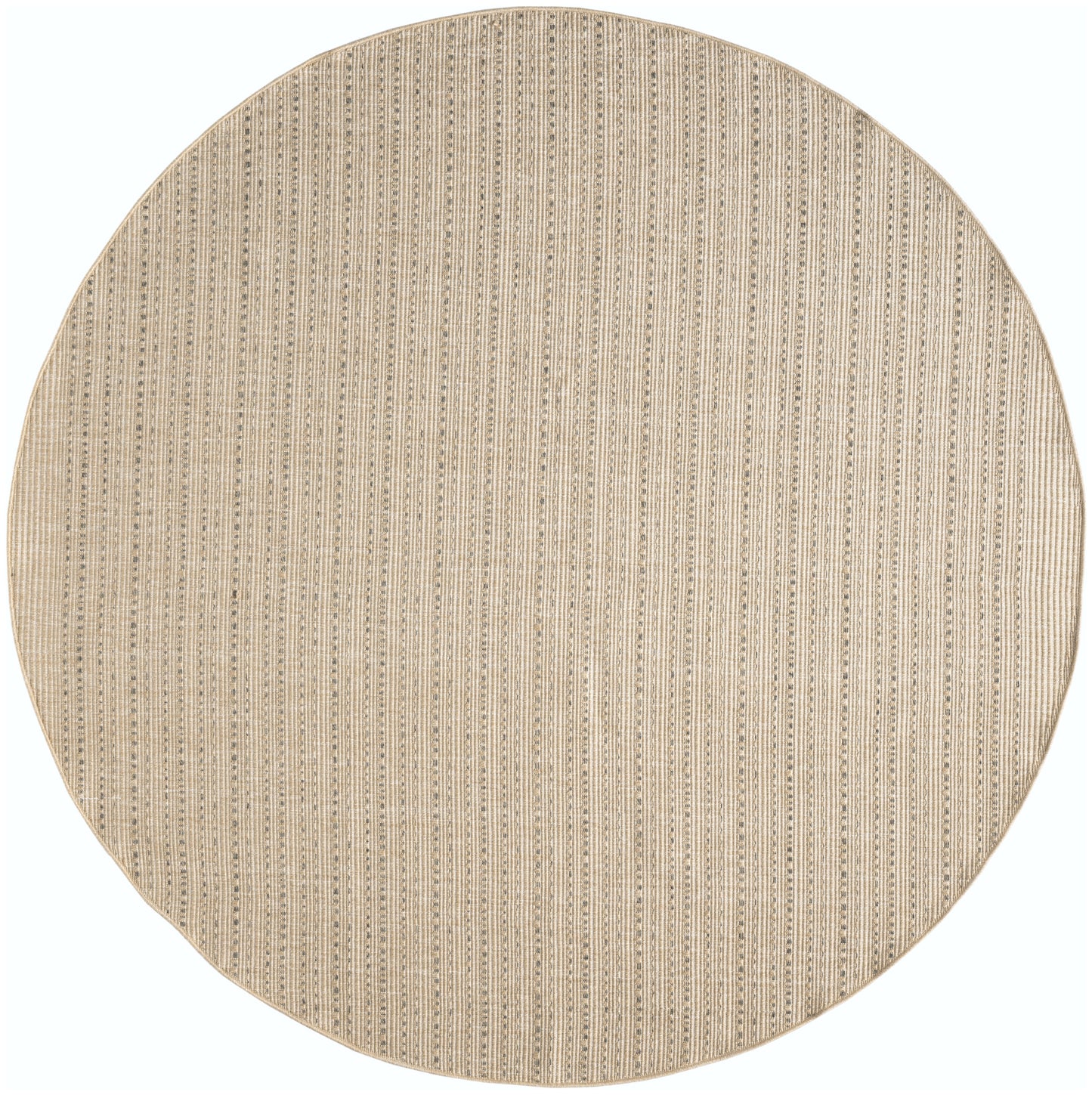 Round beige woven outdoor rug; natural fiber with subtle vertical stripes.