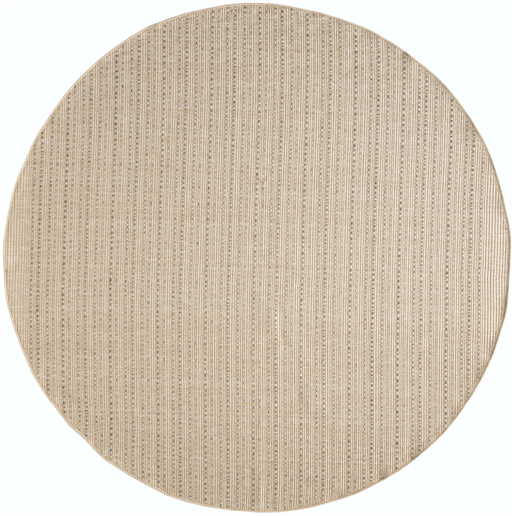 Round beige woven outdoor rug; natural fiber with subtle vertical stripes.