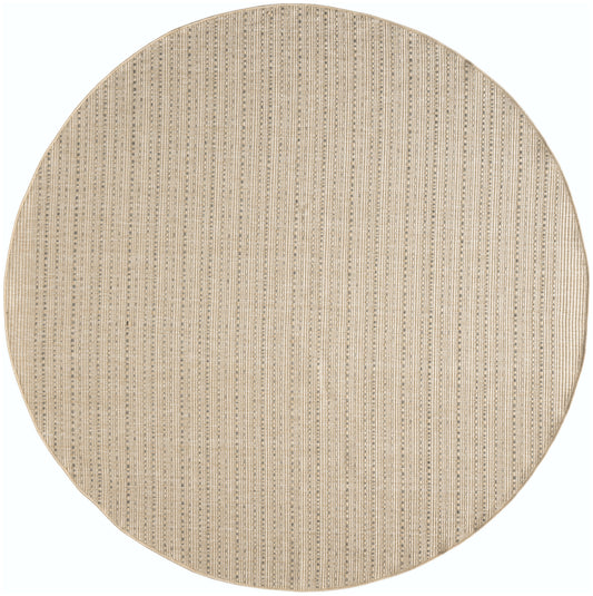 Round beige woven outdoor rug; natural fiber with subtle vertical stripes.