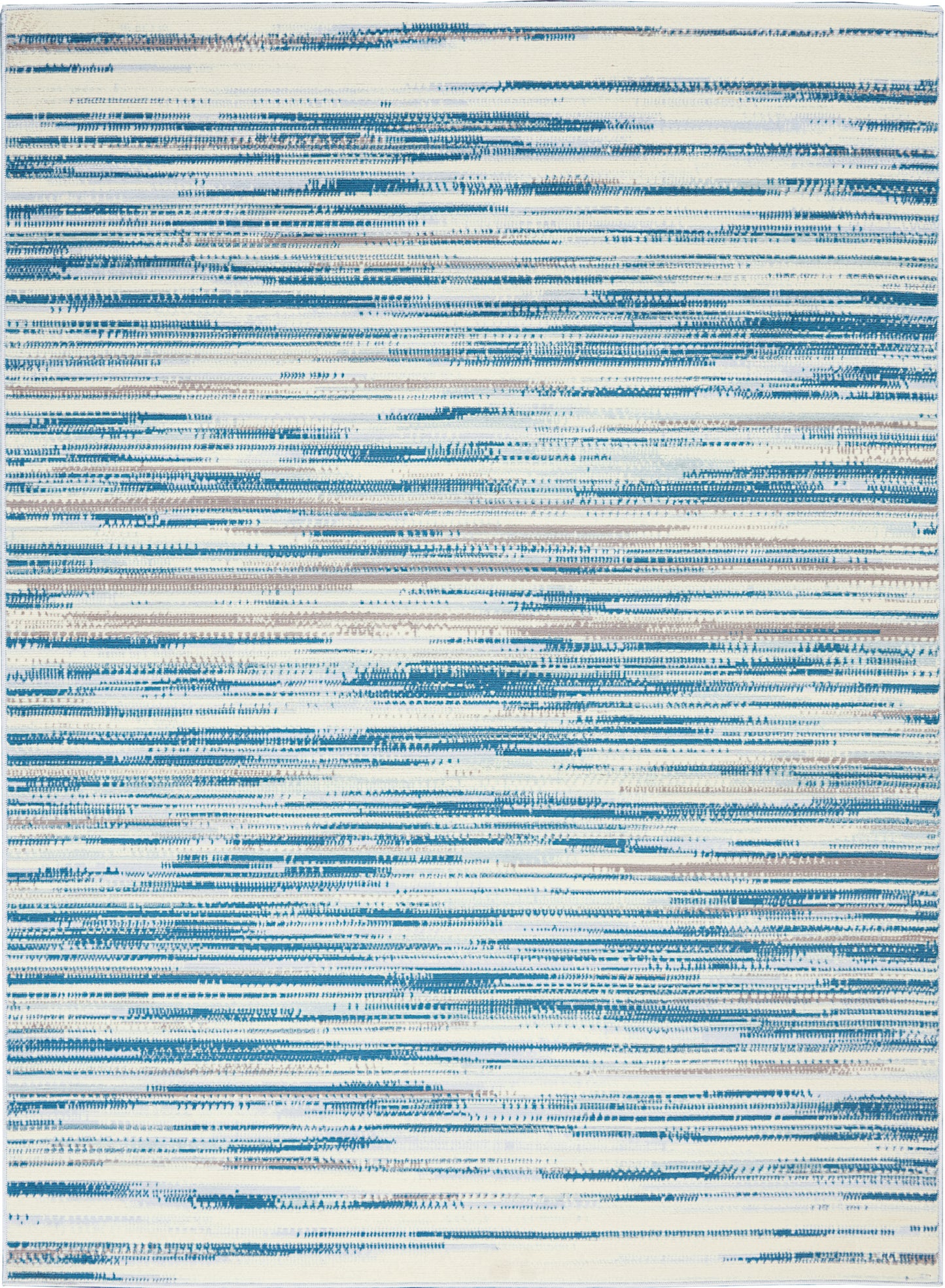Abstract blue and cream rug with irregular horizontal brush-stroke stripes; rectangular, modern coastal style.
