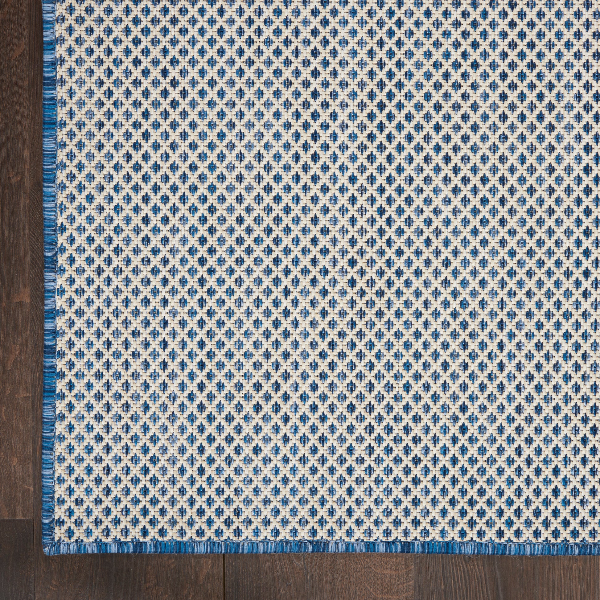 Gray surface above a dark wooden floor with a blue & white crocheted border runner rug.
