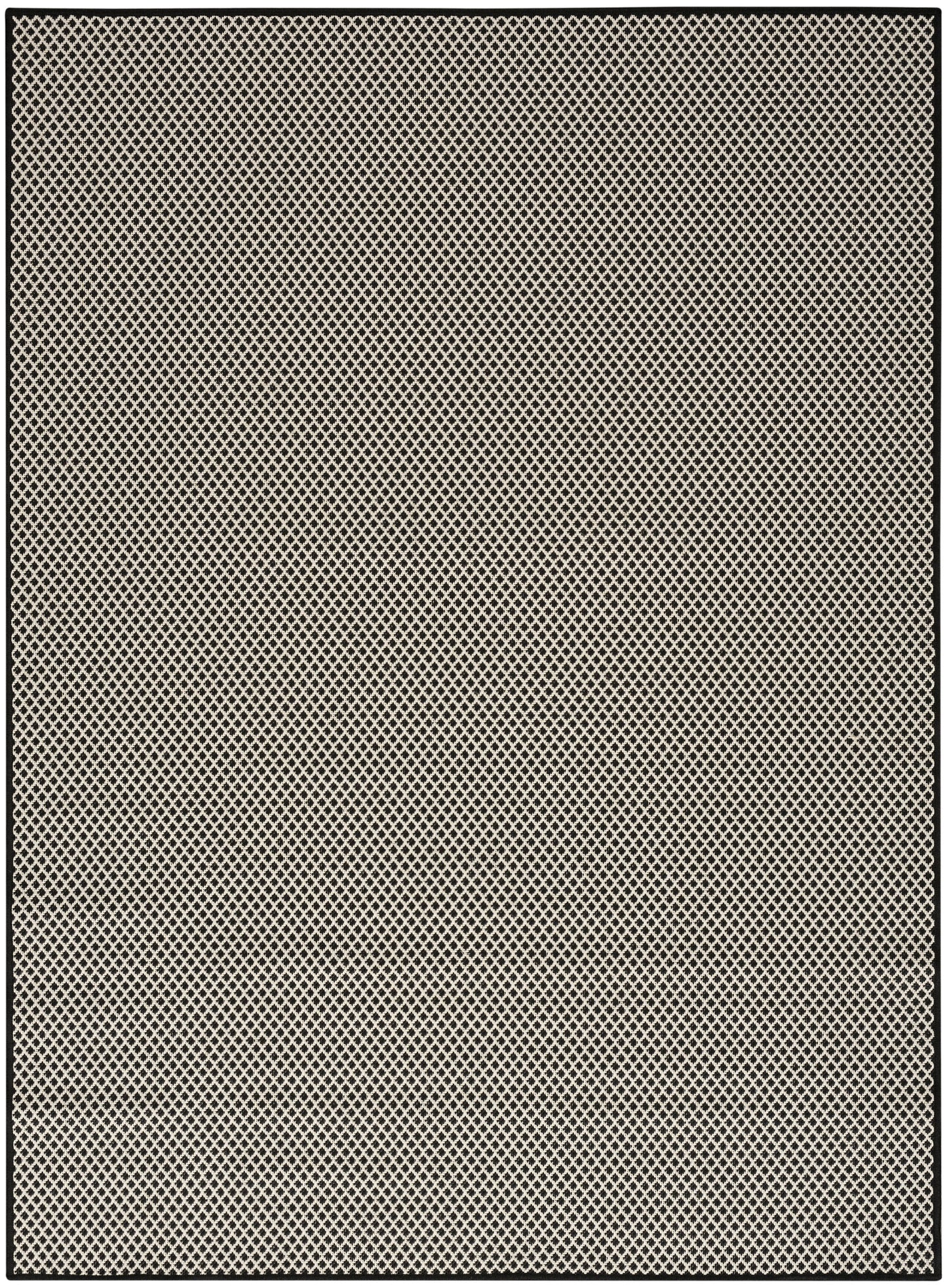 Beige diamond lattice rug with black border; woven textile with repeating diamond pattern.