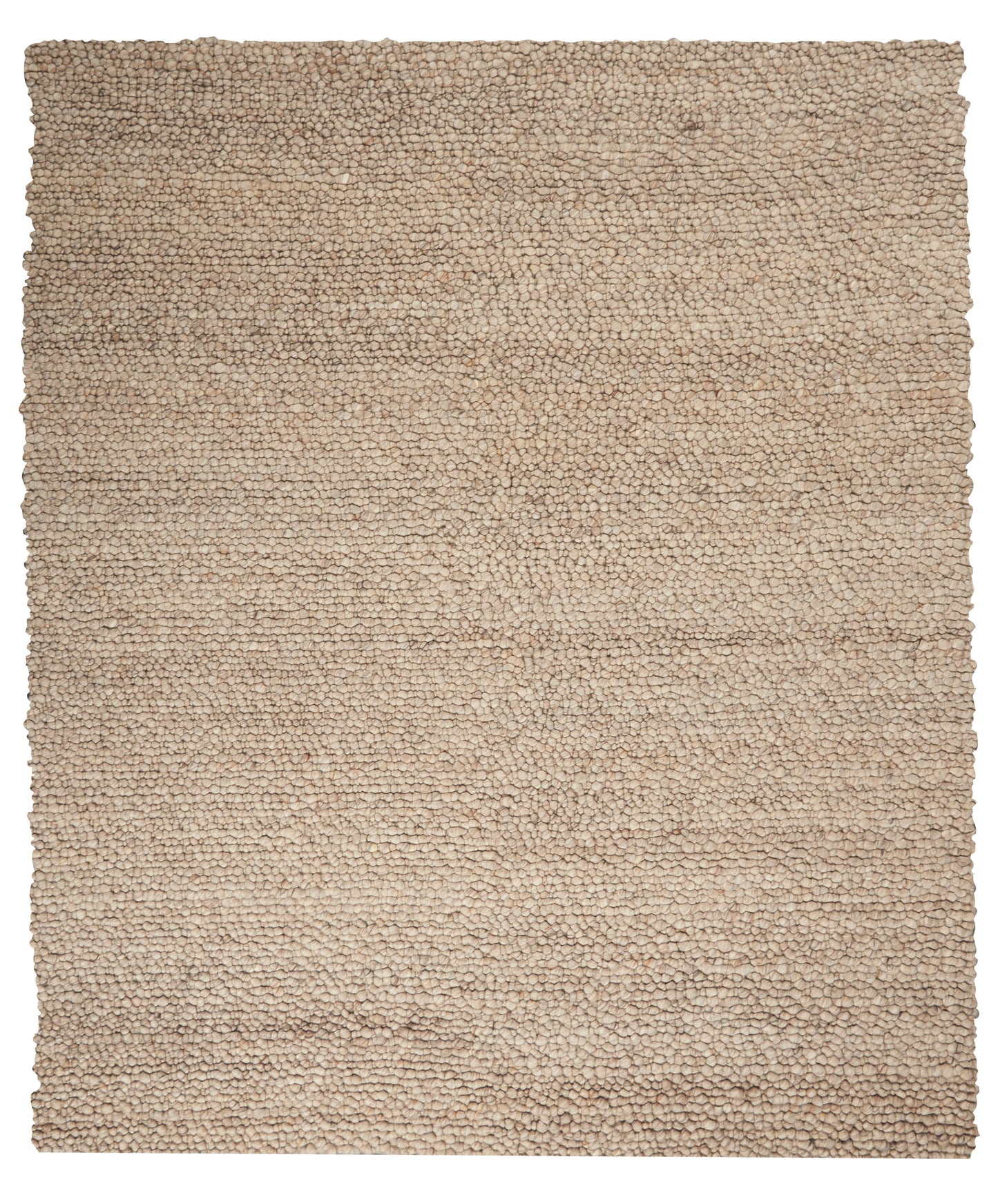 Beige textured boucle rug with dense tiny loop pile; rectangular neutral floor covering.