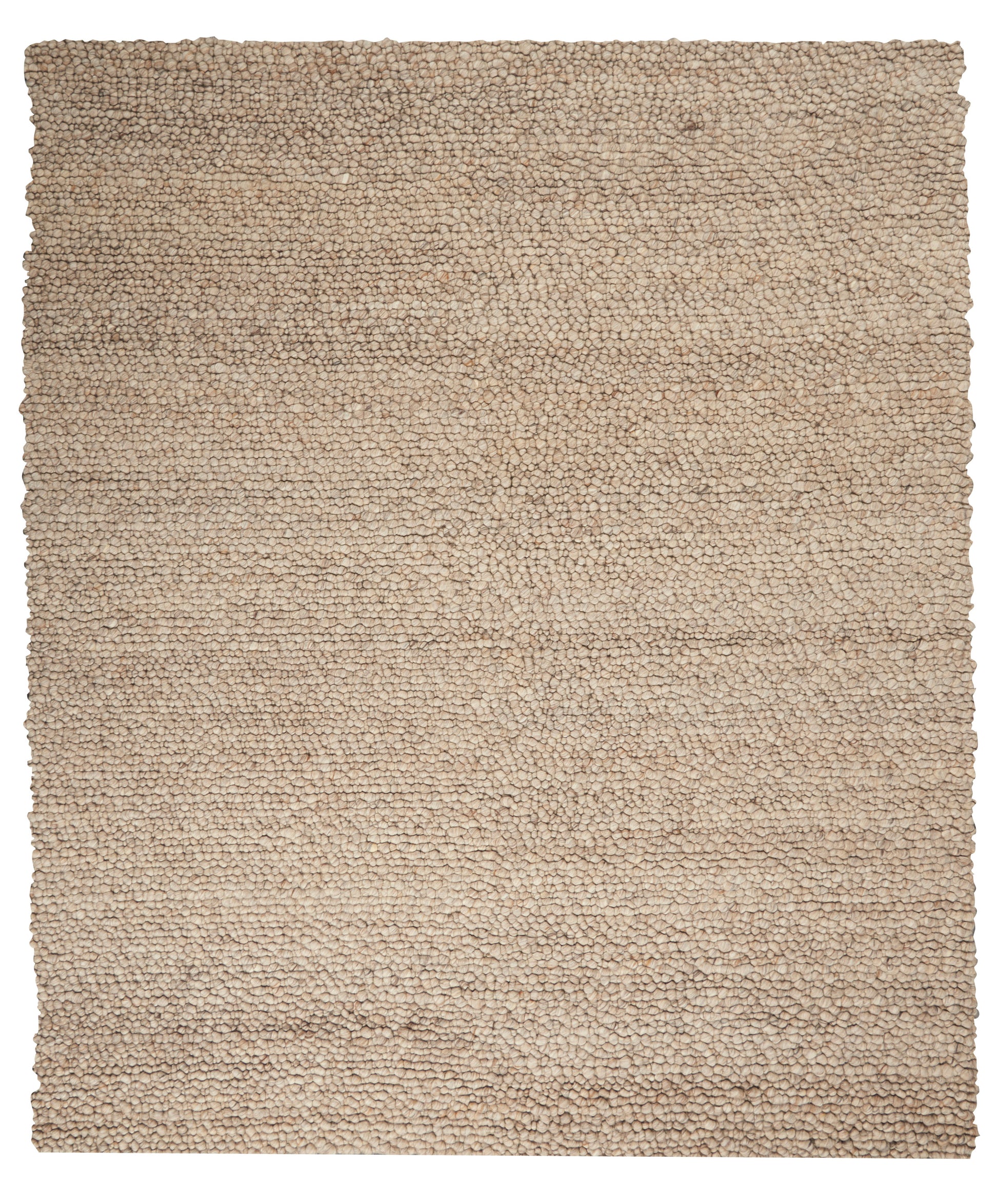 Beige textured boucle rug with dense tiny loop pile; rectangular neutral floor covering.