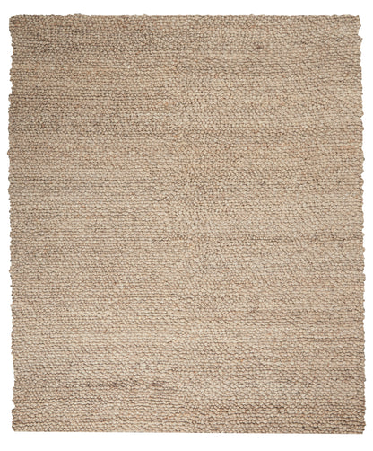 Beige textured boucle rug with dense tiny loop pile; rectangular neutral floor covering.