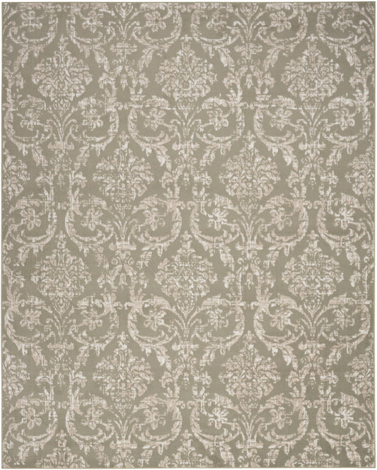 Taupe rug with ivory damask floral and scroll motif in classic elegance.