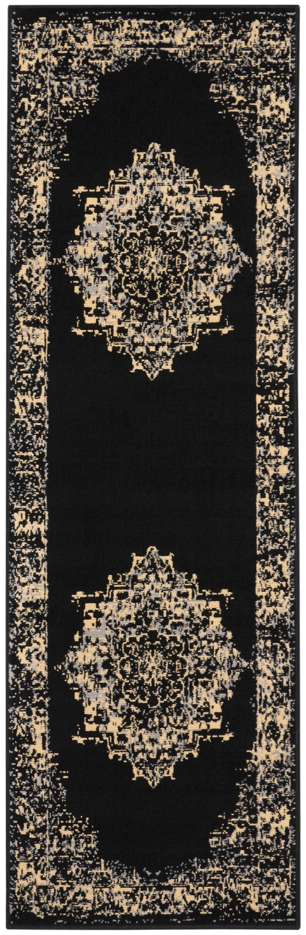 Black rug runner featuring two ornate beige medallions and distressed gold border, Persian-inspired ornamental design.