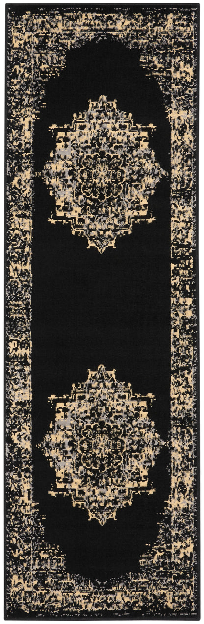 Black rug runner featuring two ornate beige medallions and distressed gold border, Persian-inspired ornamental design.