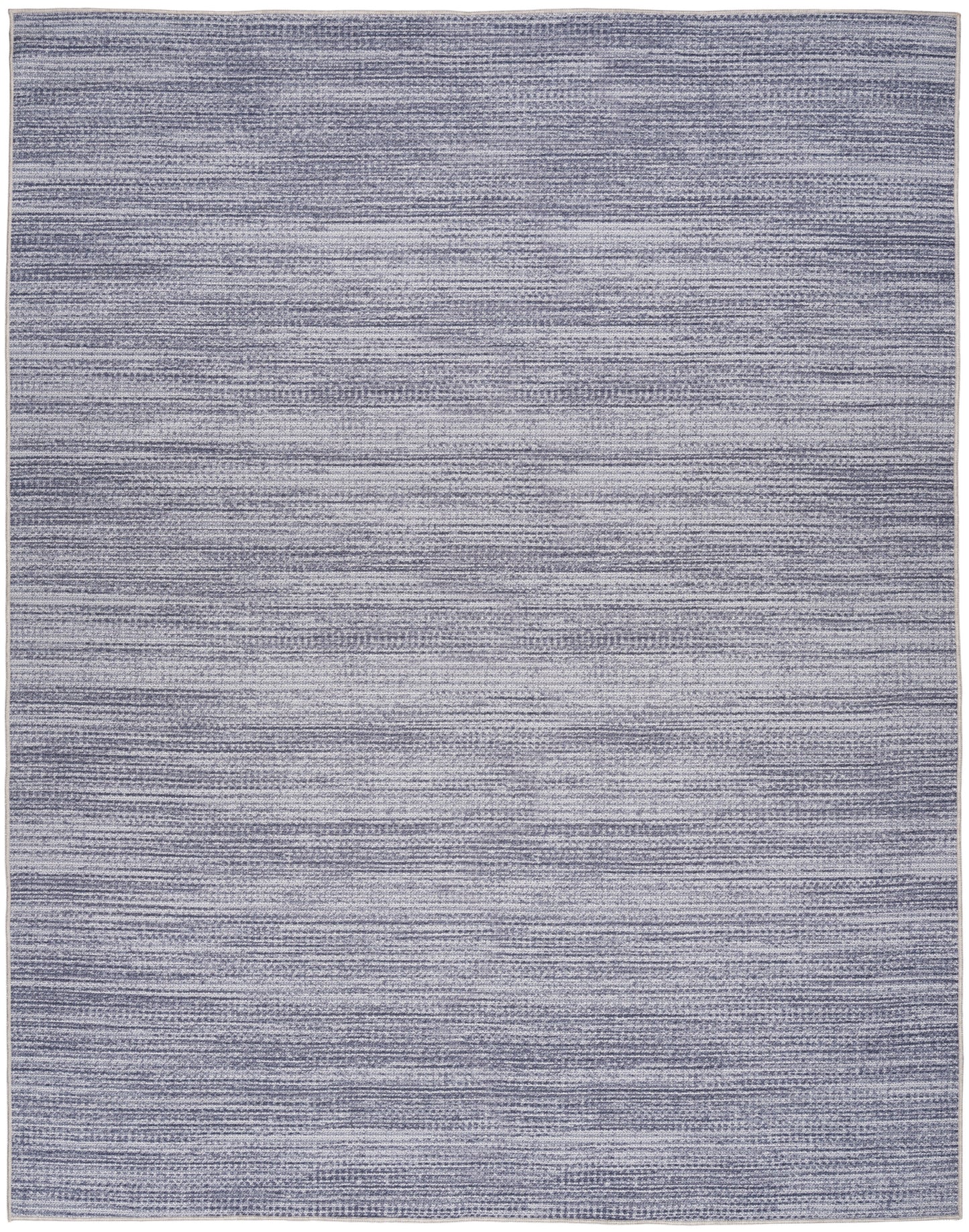 Rectangular blue area rug with subtle horizontal stripes and gradient tones; woven texture, modern casual decor.