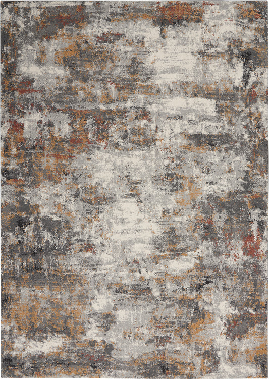 Abstract distressed area rug in gray, ivory, rust and tan; modern, versatile living space decor.