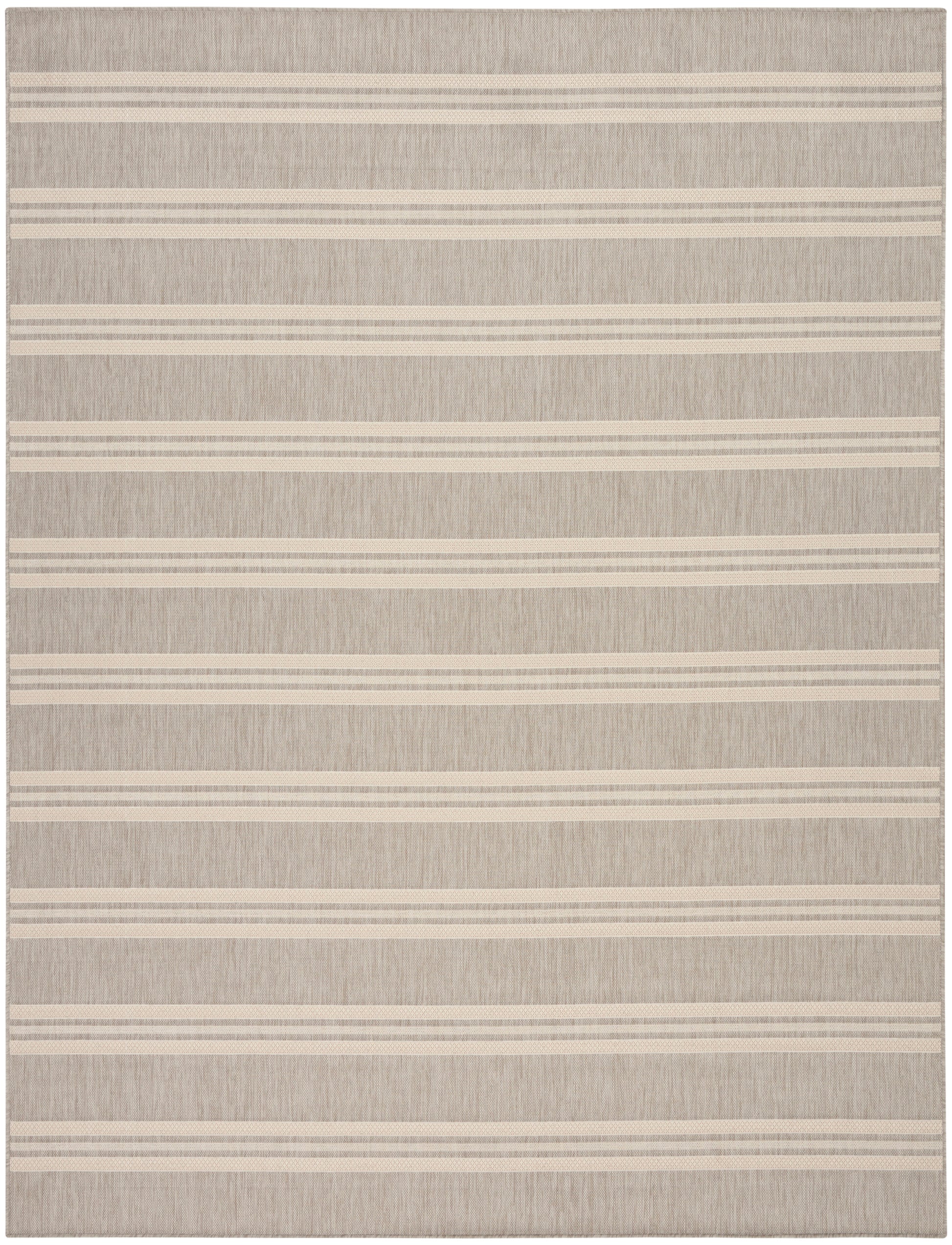 Beige textured area rug with alternating cream horizontal stripes in evenly spaced bands.
