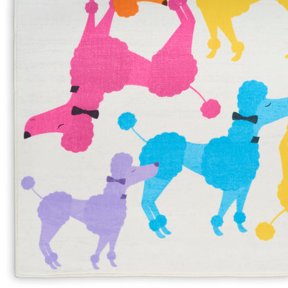 Colorful poodle silhouettes in pink, blue, purple and yellow on a cream rug background; playful textile print.
