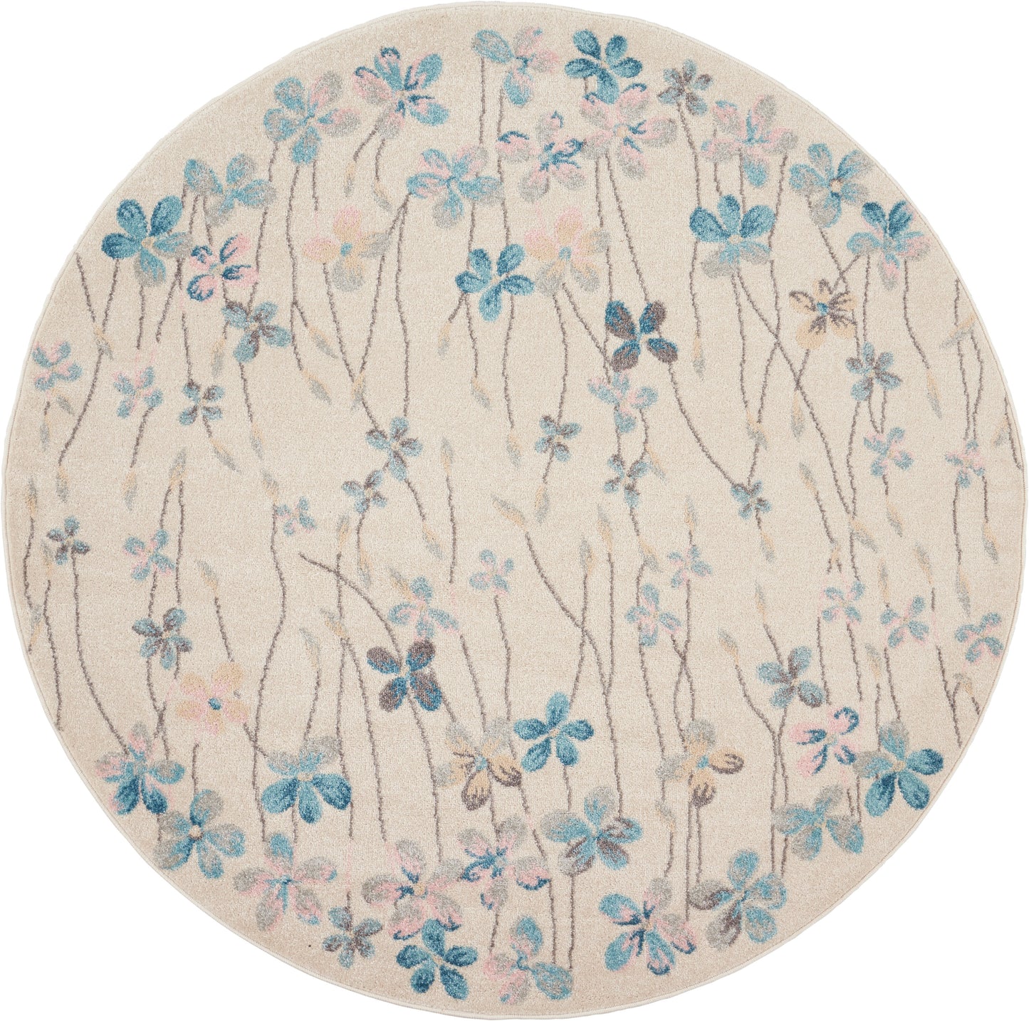 Round beige rug with blue floral vine pattern and subtle pink blossoms, soft decorative home accent.