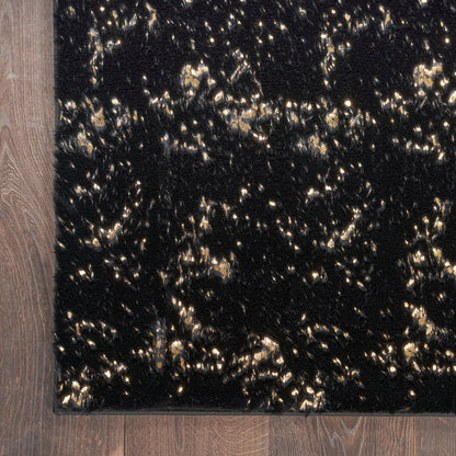 Rectangular black shag rug with gold flecks; plush texture, modern glam decor for living room.
