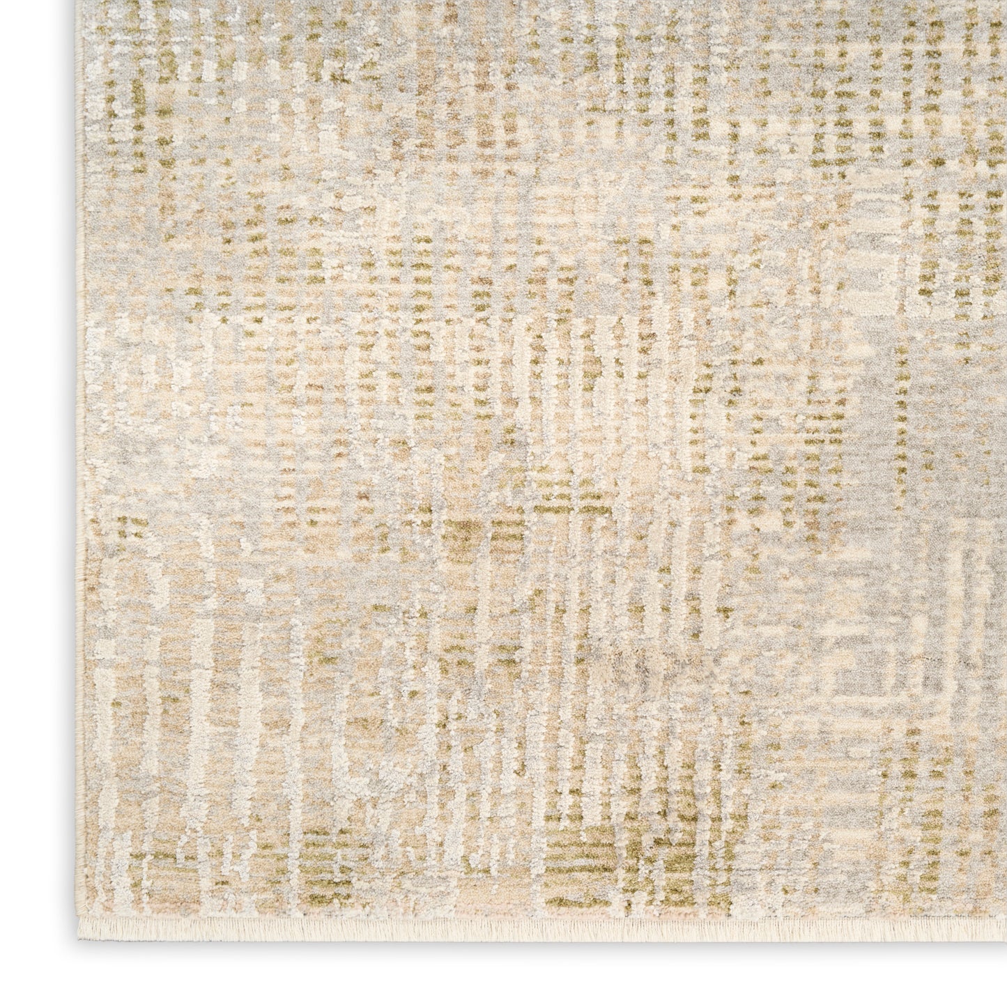 Rectangular beige and cream abstract textured area rug with fringe along the bottom edge.