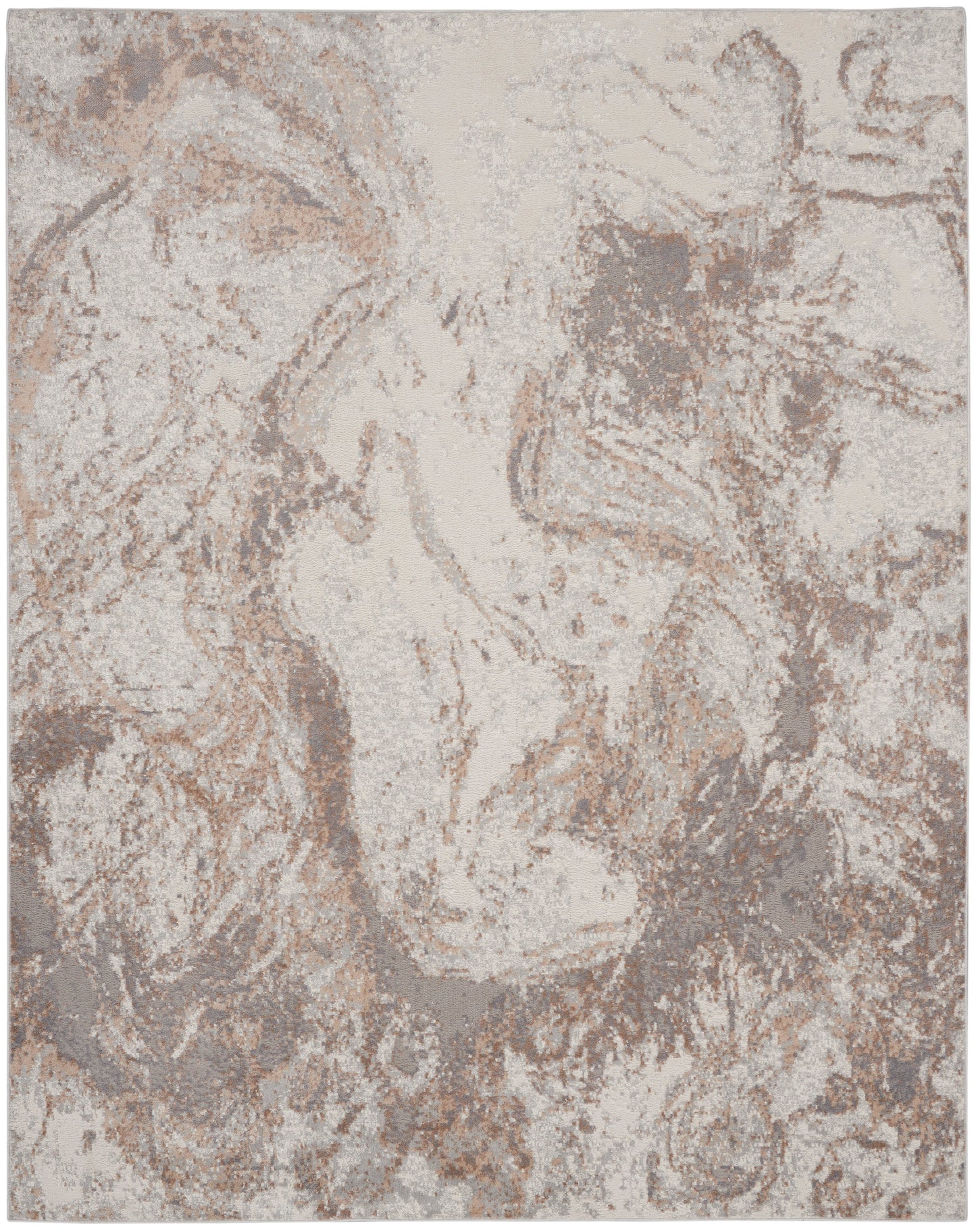 Neutral-toned abstract patterned area rug in cream and taupe with a distressed marbled look.