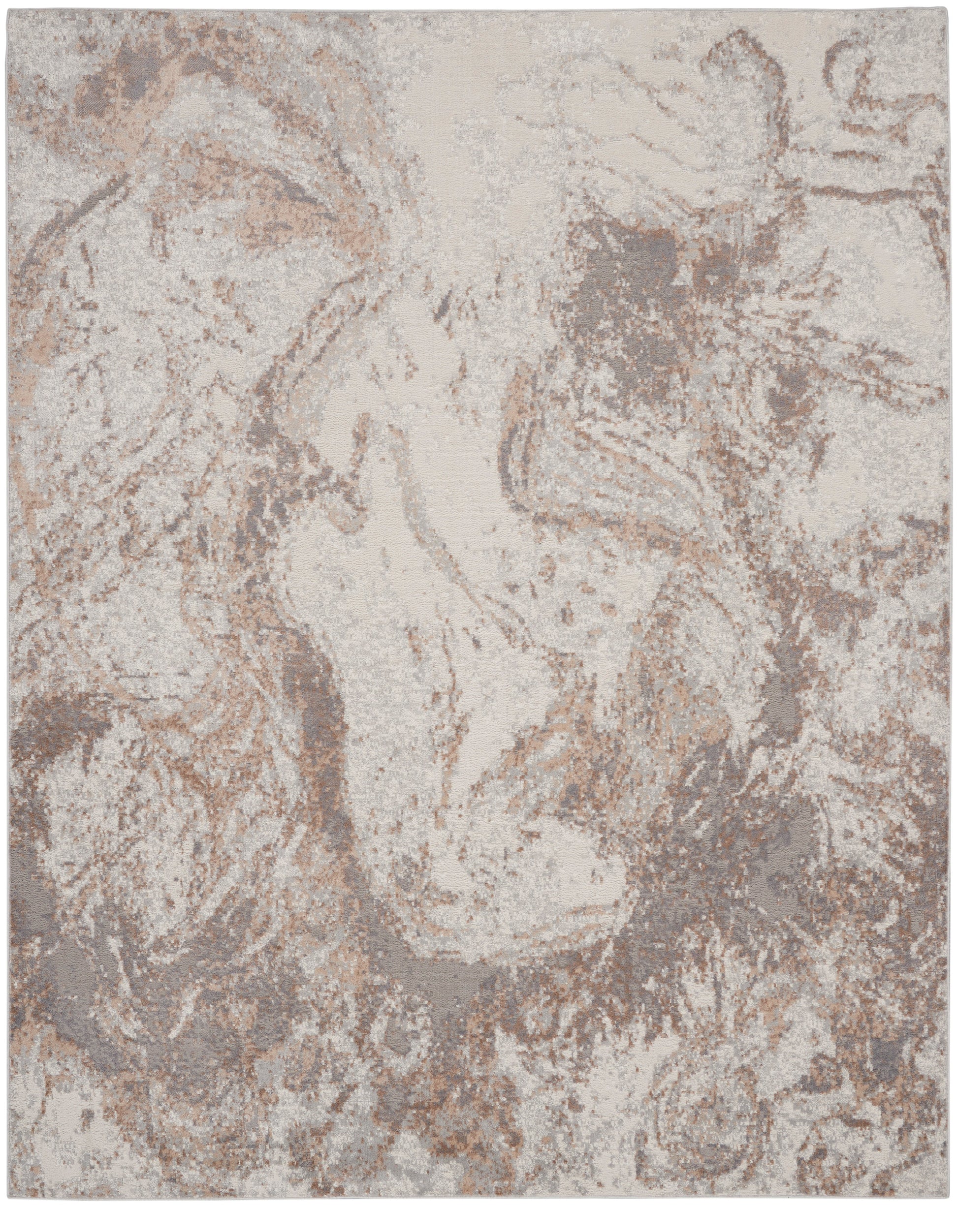 Neutral-toned abstract patterned area rug in cream and taupe with a distressed marbled look.