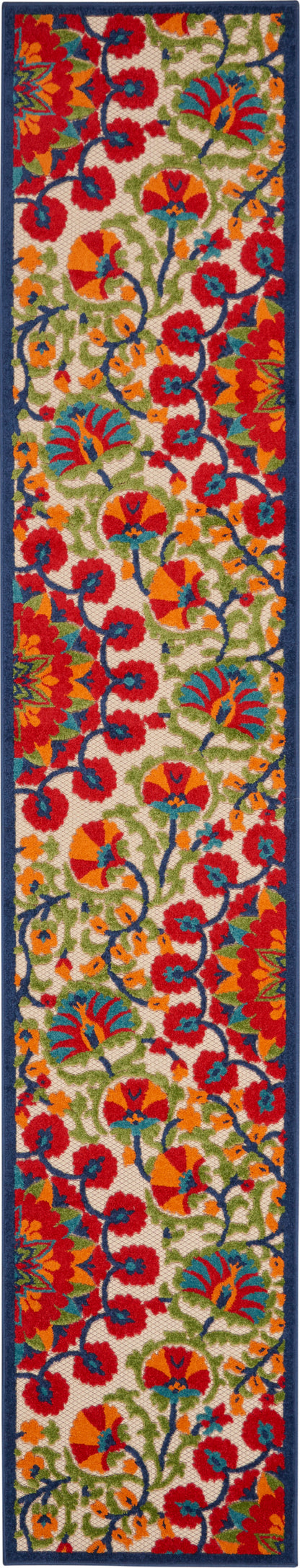 Vibrant floral patterned rug runner with red, orange, blue and green blooms on cream, framed by a navy border.
