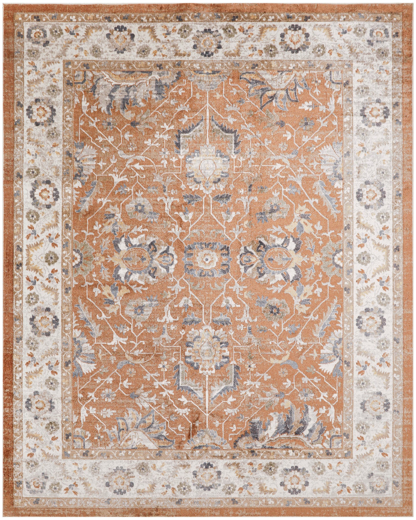 Orange Persian-style area rug with ivory floral vines and medallions; cream border with floral motifs.