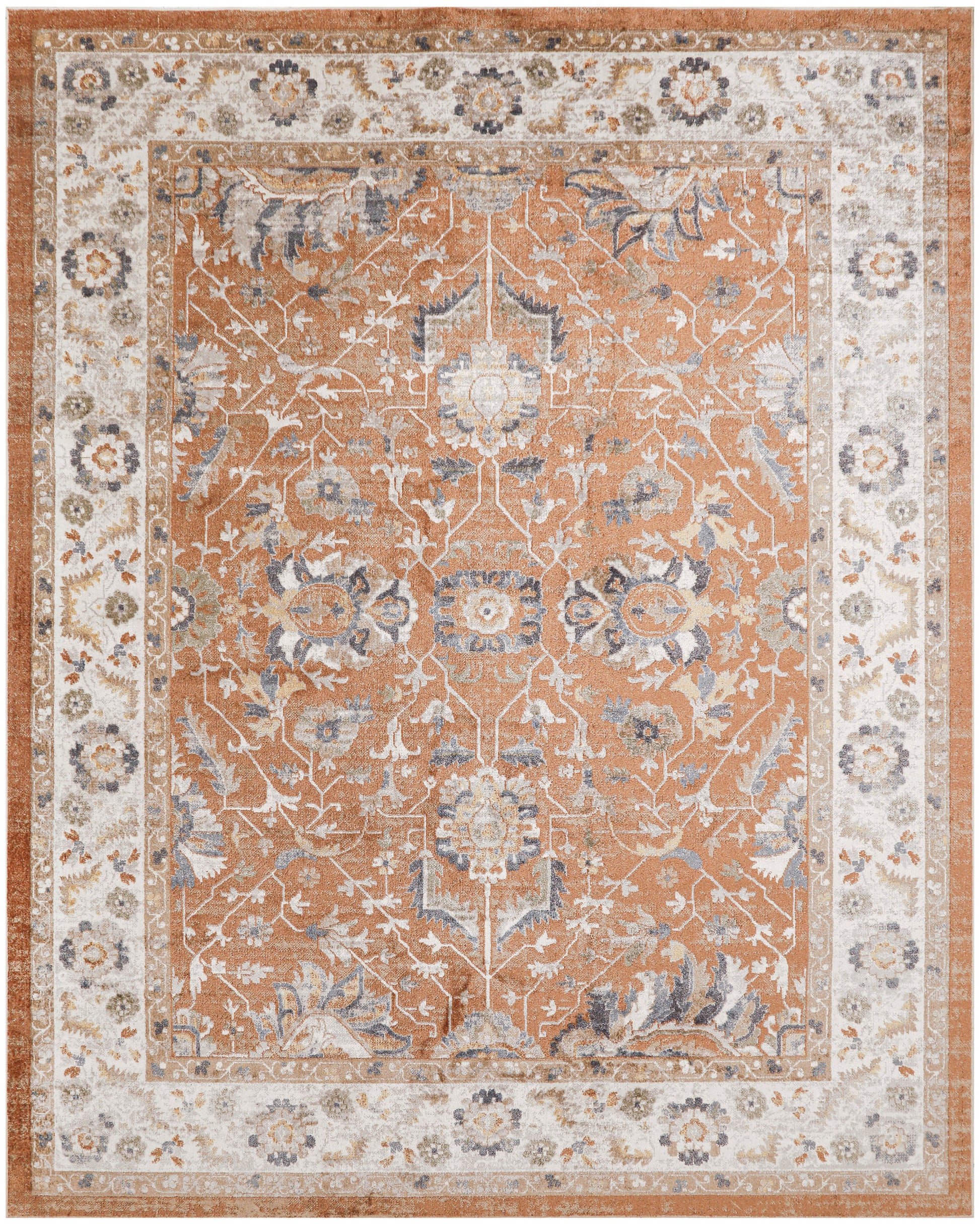 Orange Persian-style area rug with ivory floral vines and medallions; cream border with floral motifs.