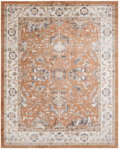 Orange Persian-style area rug with ivory floral vines and medallions; cream border with floral motifs.
