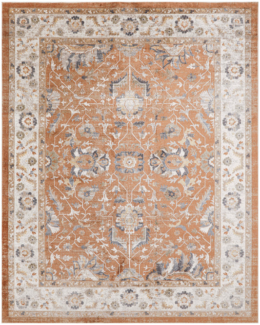 Orange Persian-style area rug with ivory floral vines and medallions; cream border with floral motifs.