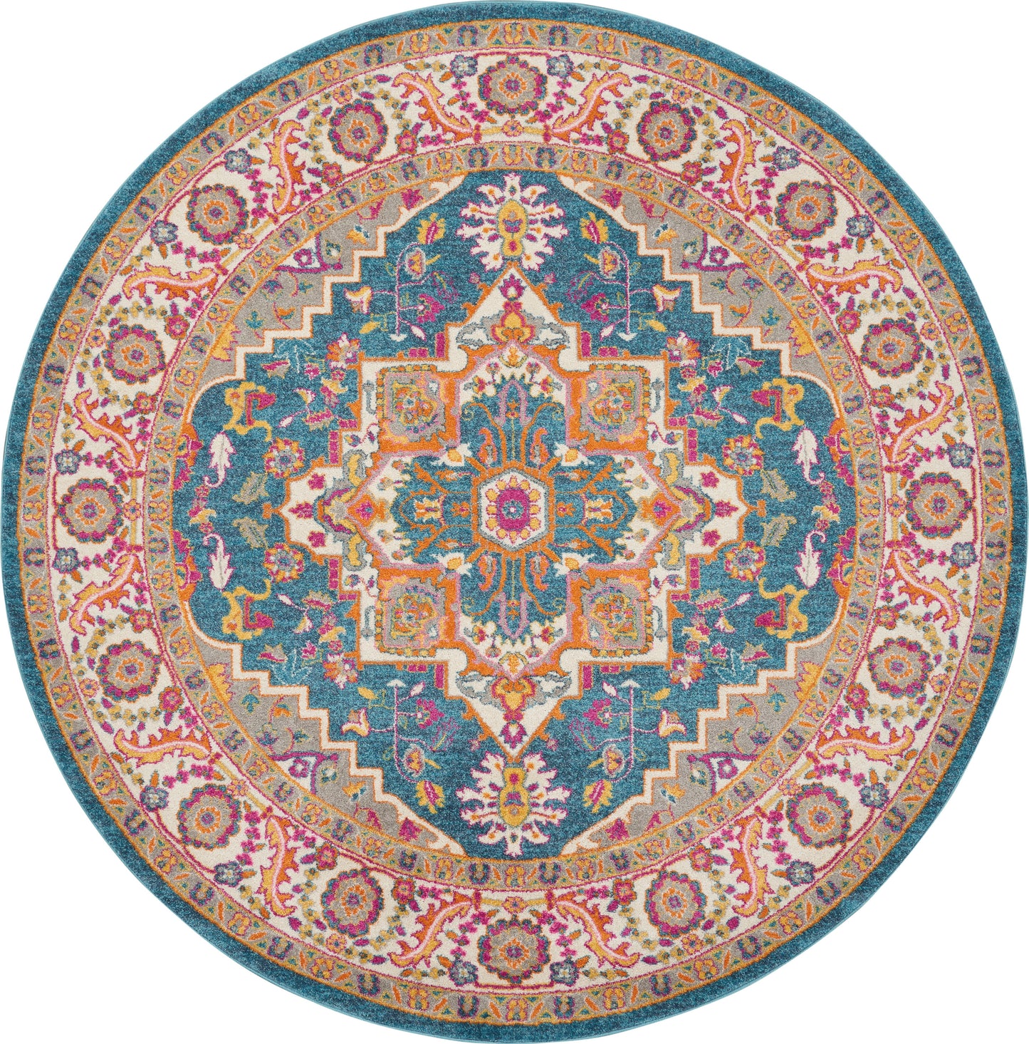 Round Persian-style rug with teal center, intricate multicolor floral medallion; pink & gold border.