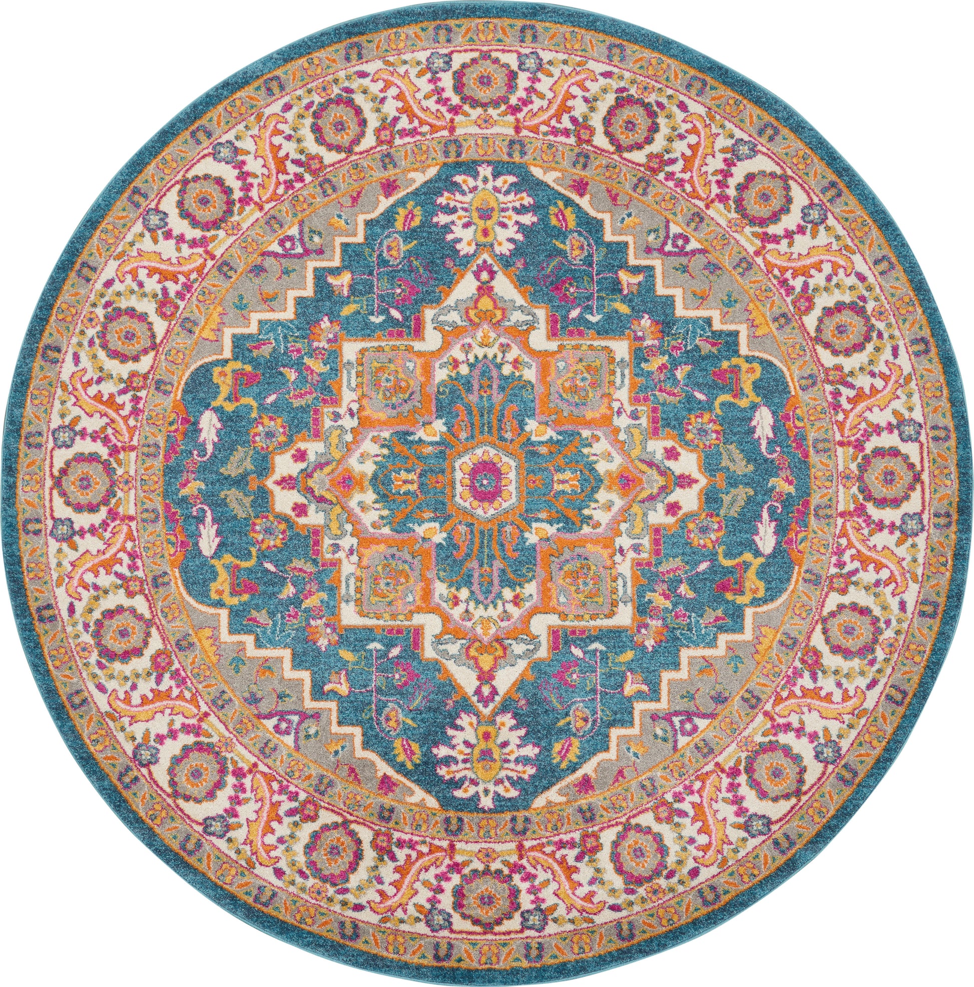 Round Persian-style rug with teal center, intricate multicolor floral medallion; pink & gold border.