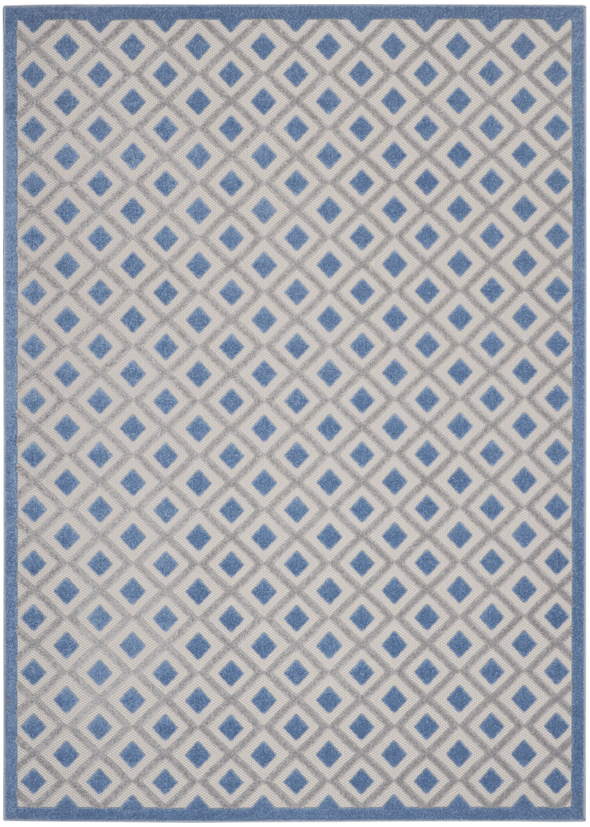 Beige area rug with repeating blue diamond lattice and blue border.