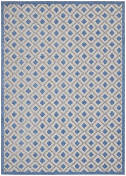 Beige area rug with repeating blue diamond lattice and blue border.