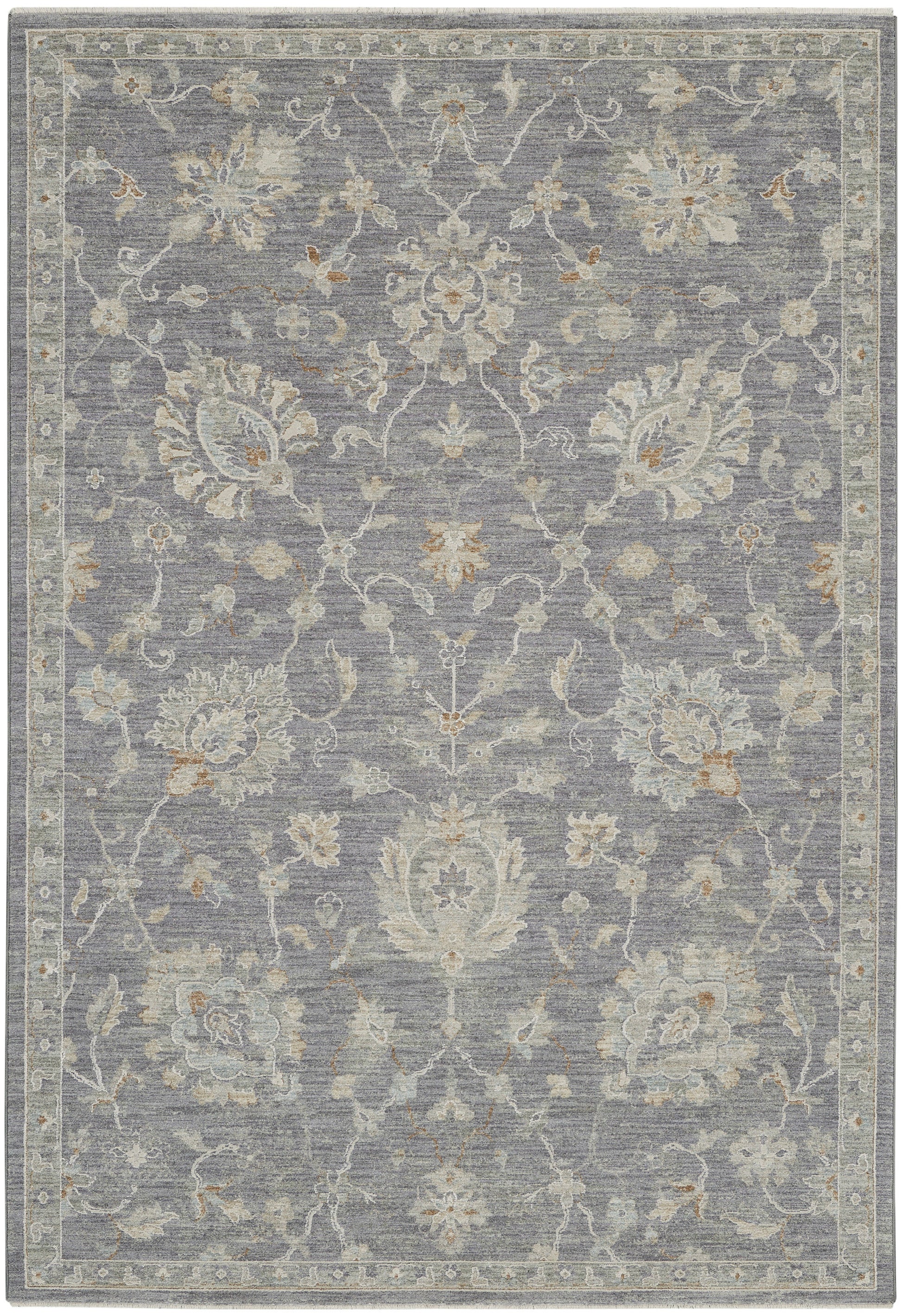 Rectangular gray-blue rug with ivory floral motif and pale border; traditional Persian-inspired style.