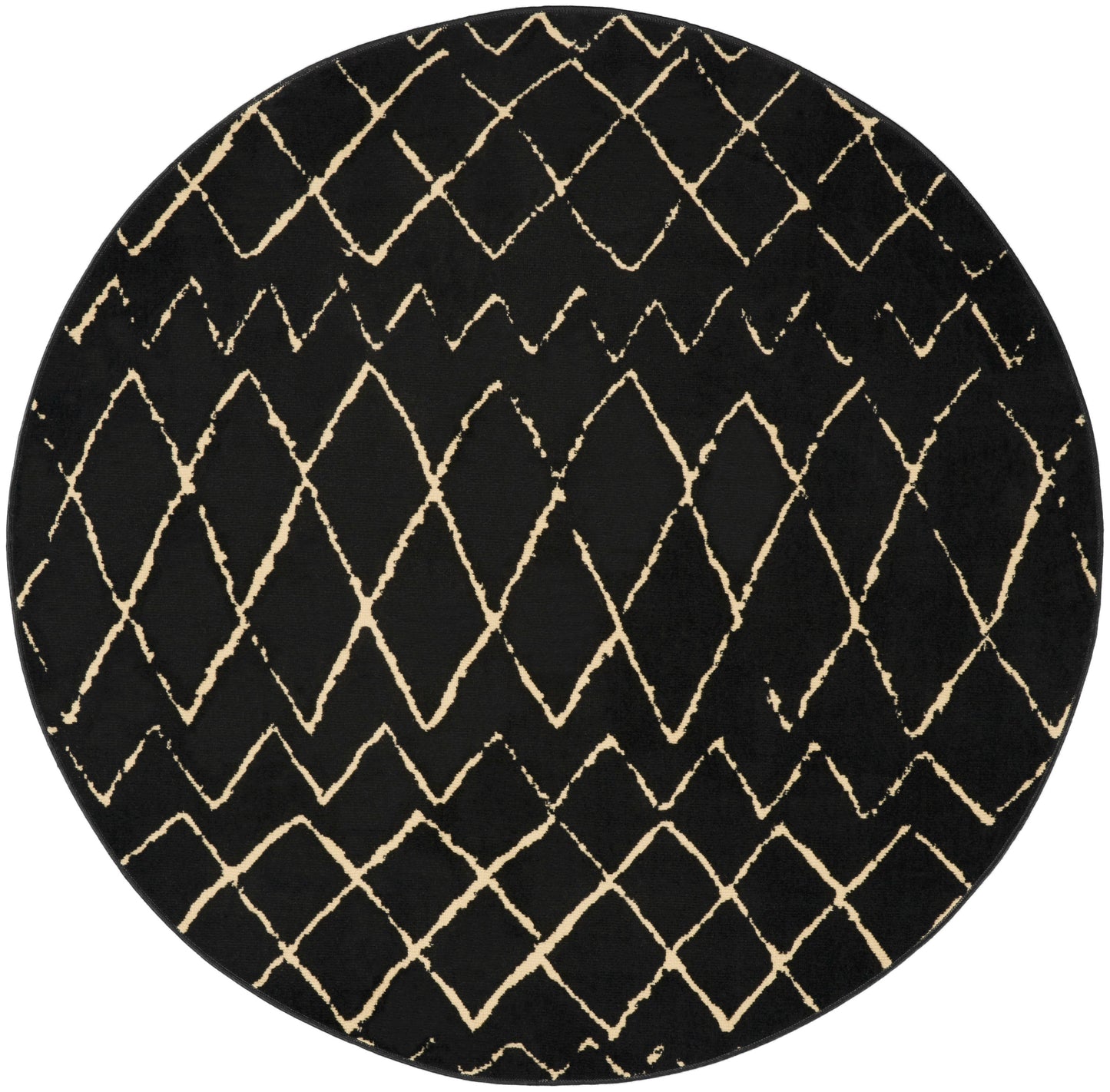 Round black rug with cream lattice diamonds in a repeating geometric pattern.