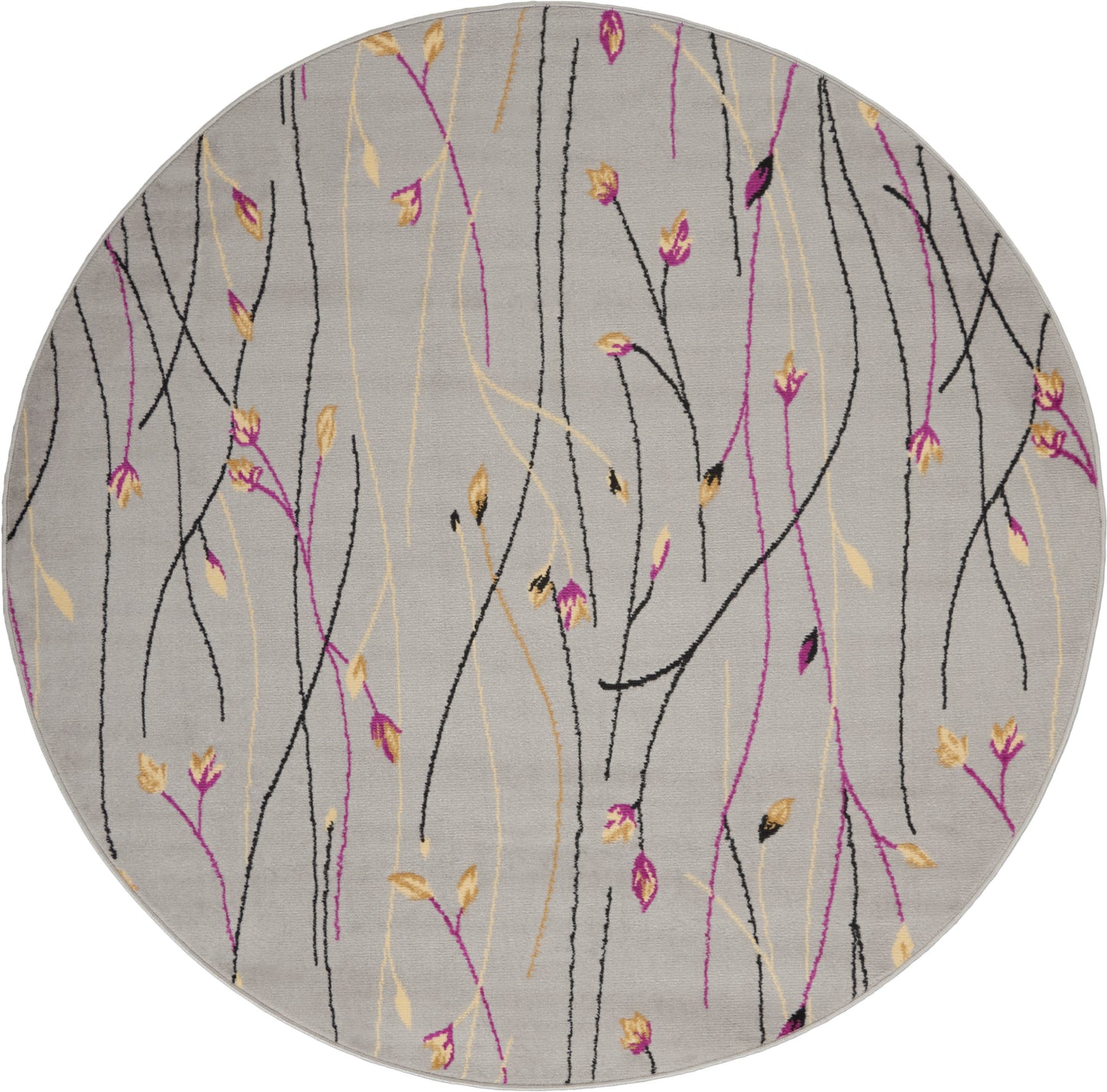 Round gray area rug with abstract black, pink and yellow twig-like lines and small leaves.