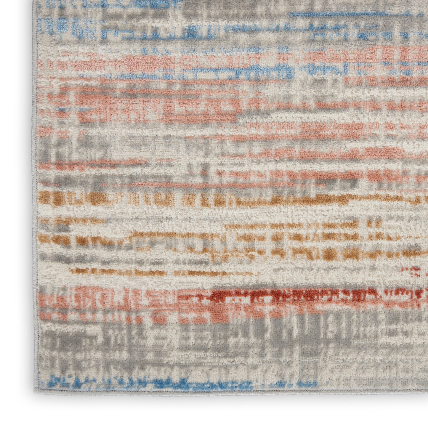 Multicolor abstract rug with soft gray base and horizontal blue, coral, tan and orange stripes.