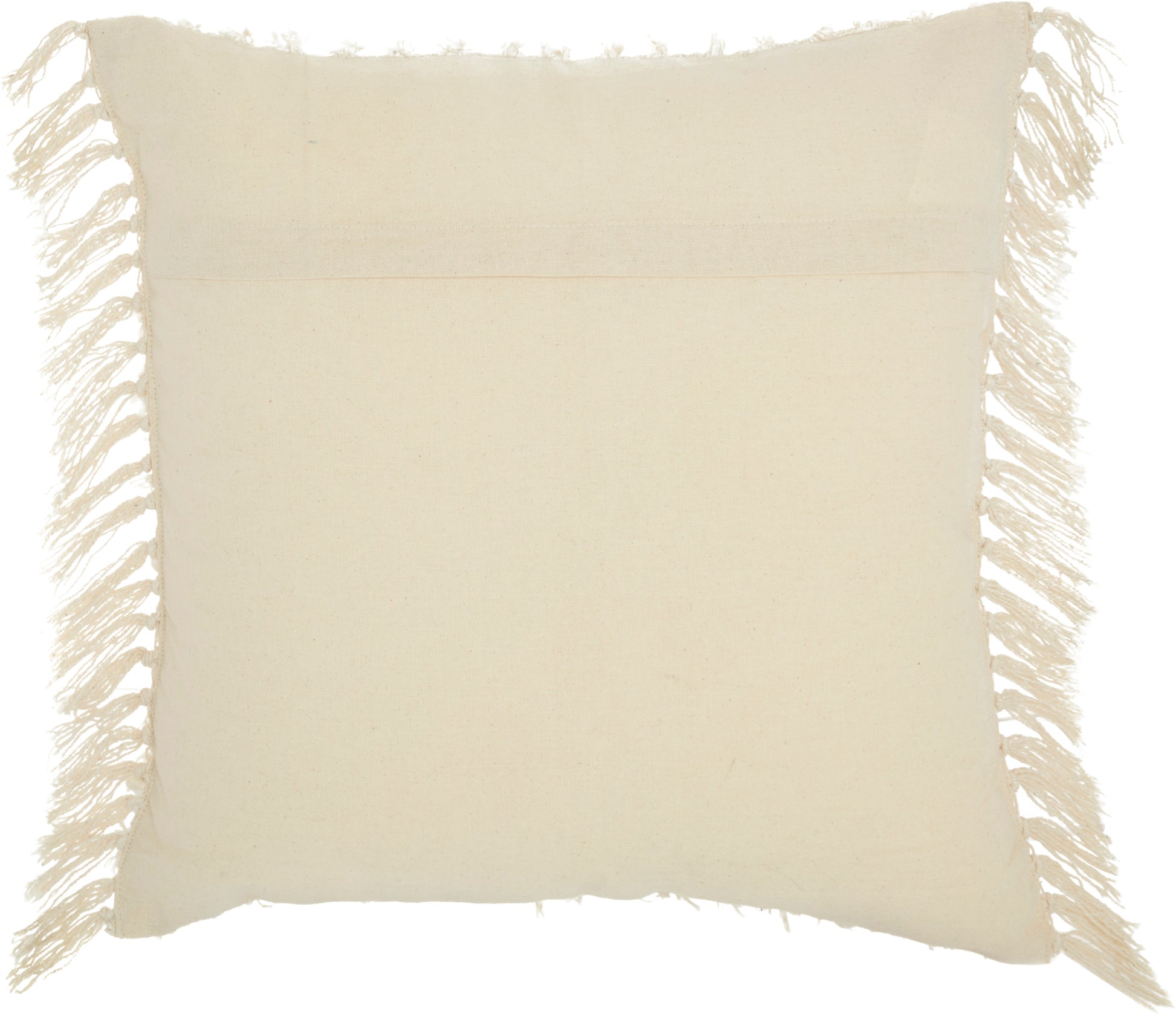 Cream square throw pillow with fringe tassels along all four edges.