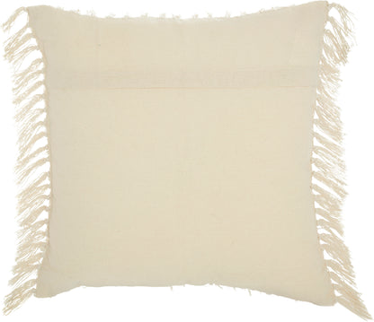 Cream square throw pillow with fringe tassels along all four edges.