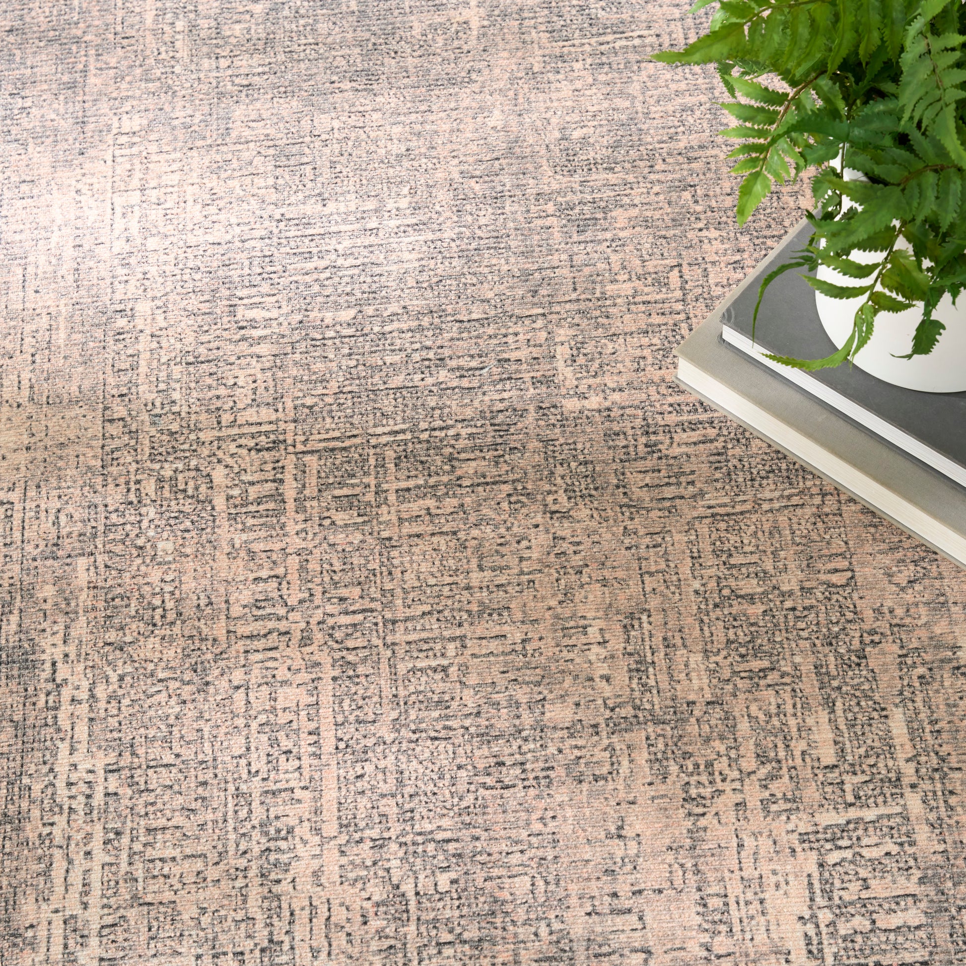 Beige and gray textured area rug with geometric grid pattern; potted fern resting on stacked books nearby.