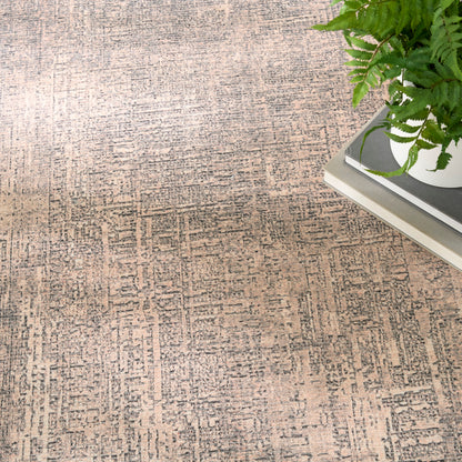 Beige and gray textured area rug with geometric grid pattern; potted fern resting on stacked books nearby.