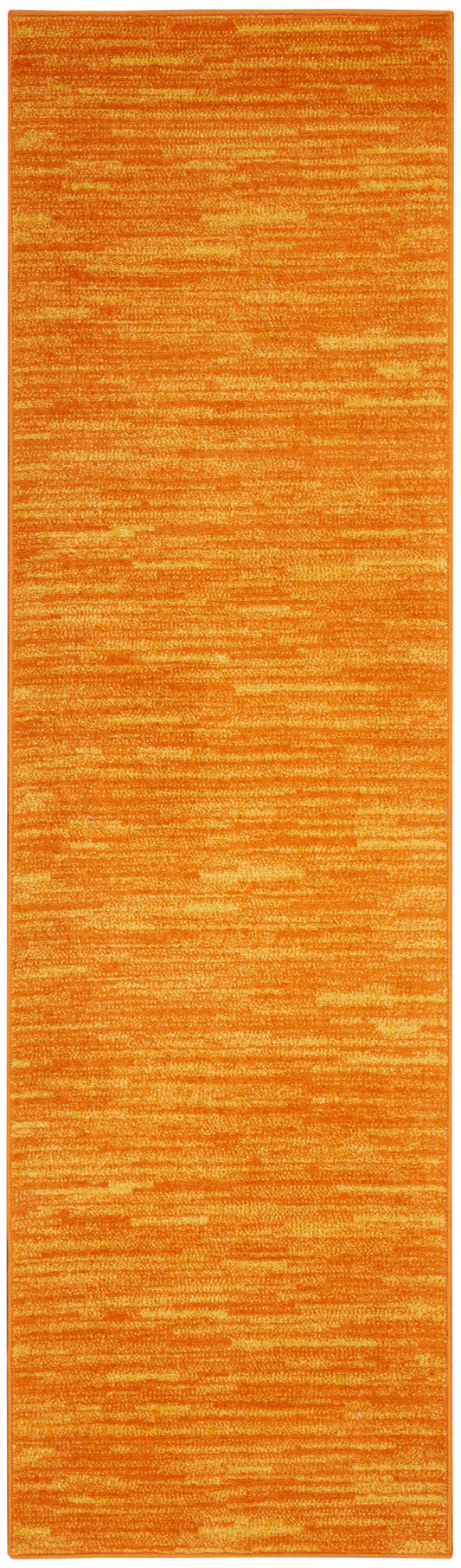 Long orange outdoor rug runner with a textured, marled pattern.