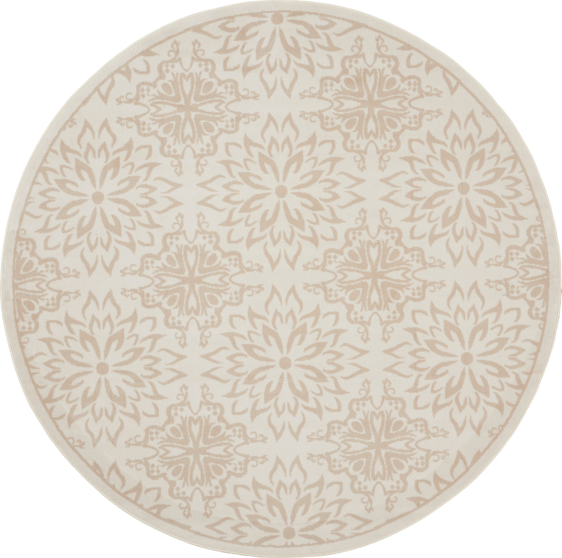 Round beige rug with taupe mandala floral motifs in a repeating pattern