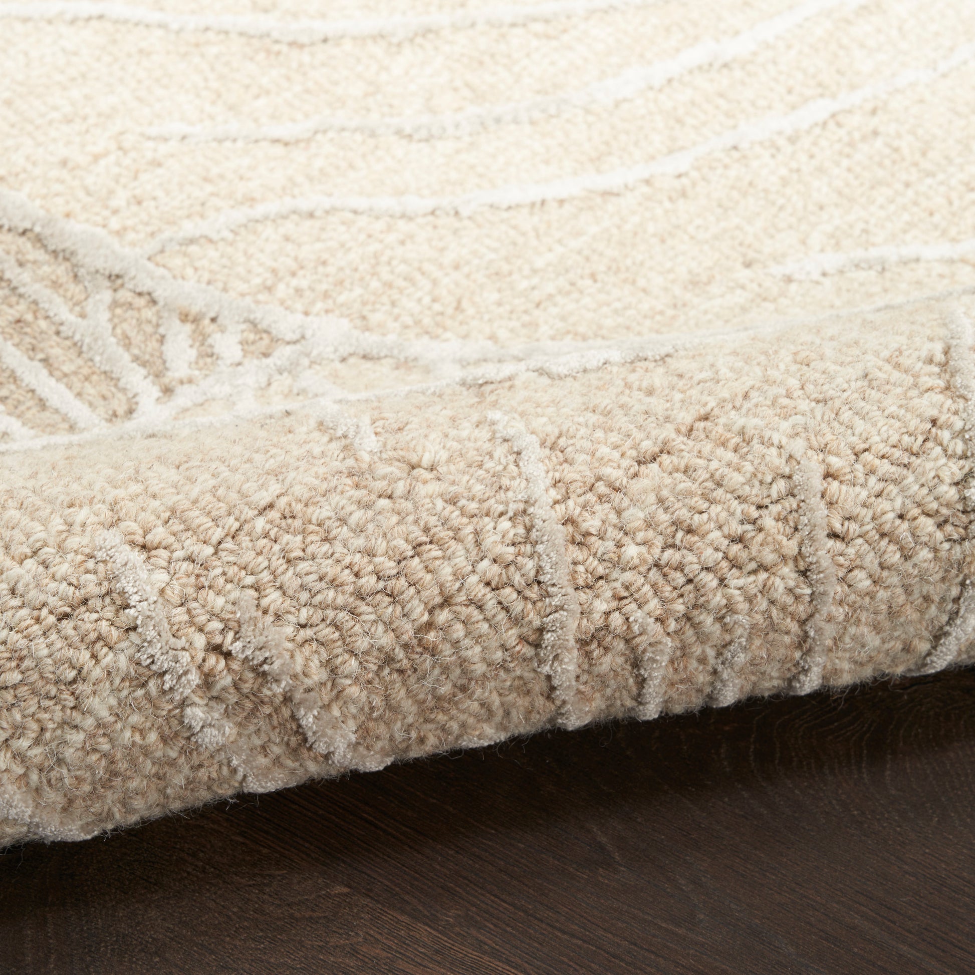 Beige plush rectangular rug with subtle cream geometric pattern; soft shag pile and rolled edge on dark wood floor.