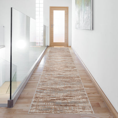 Long beige runner rug with subtle pattern in a bright hallway with glass railing and a wooden door at the end.