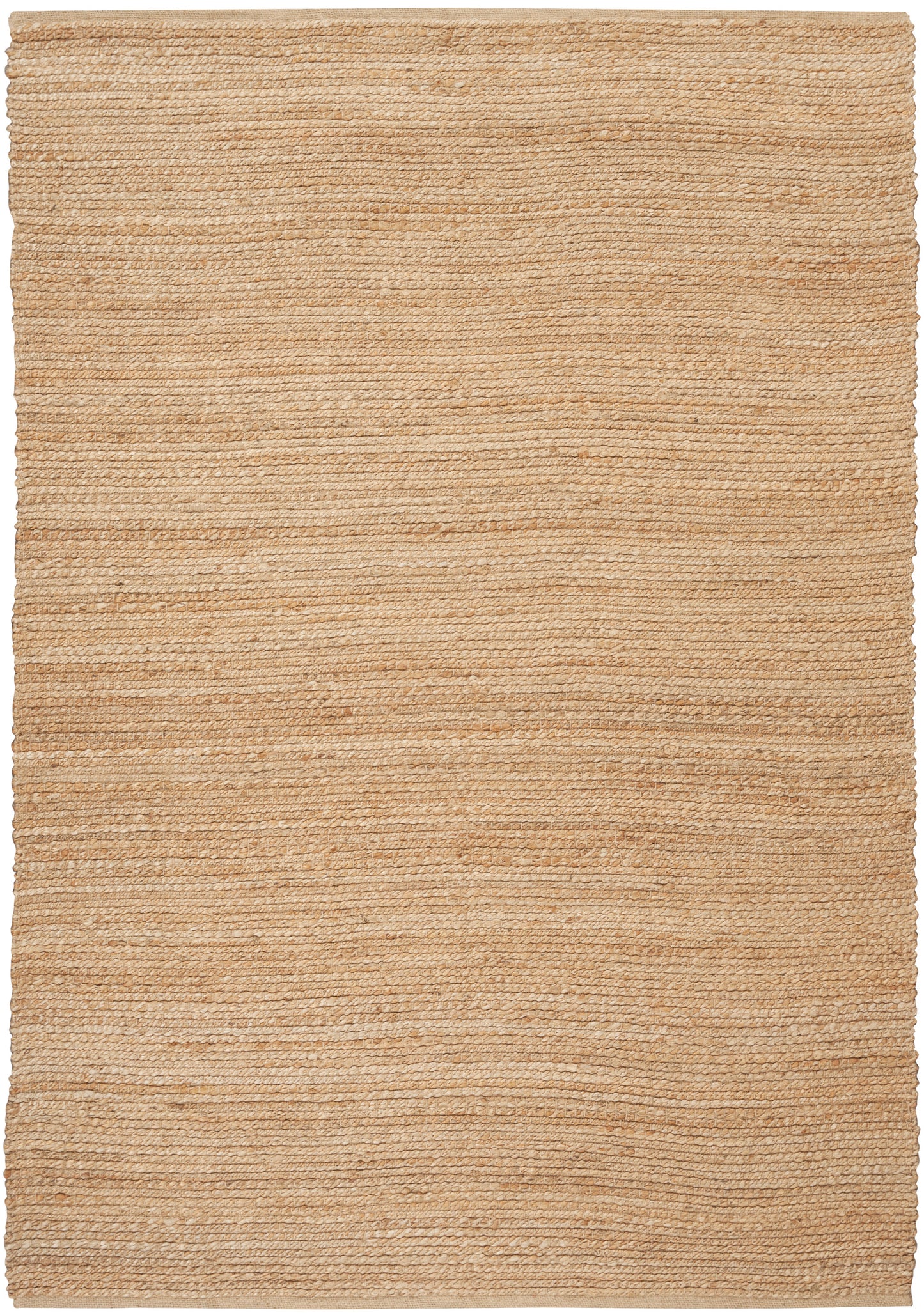 Natural beige woven jute rug, rectangular with subtle horizontal stripes, ideal for living room or entryway.